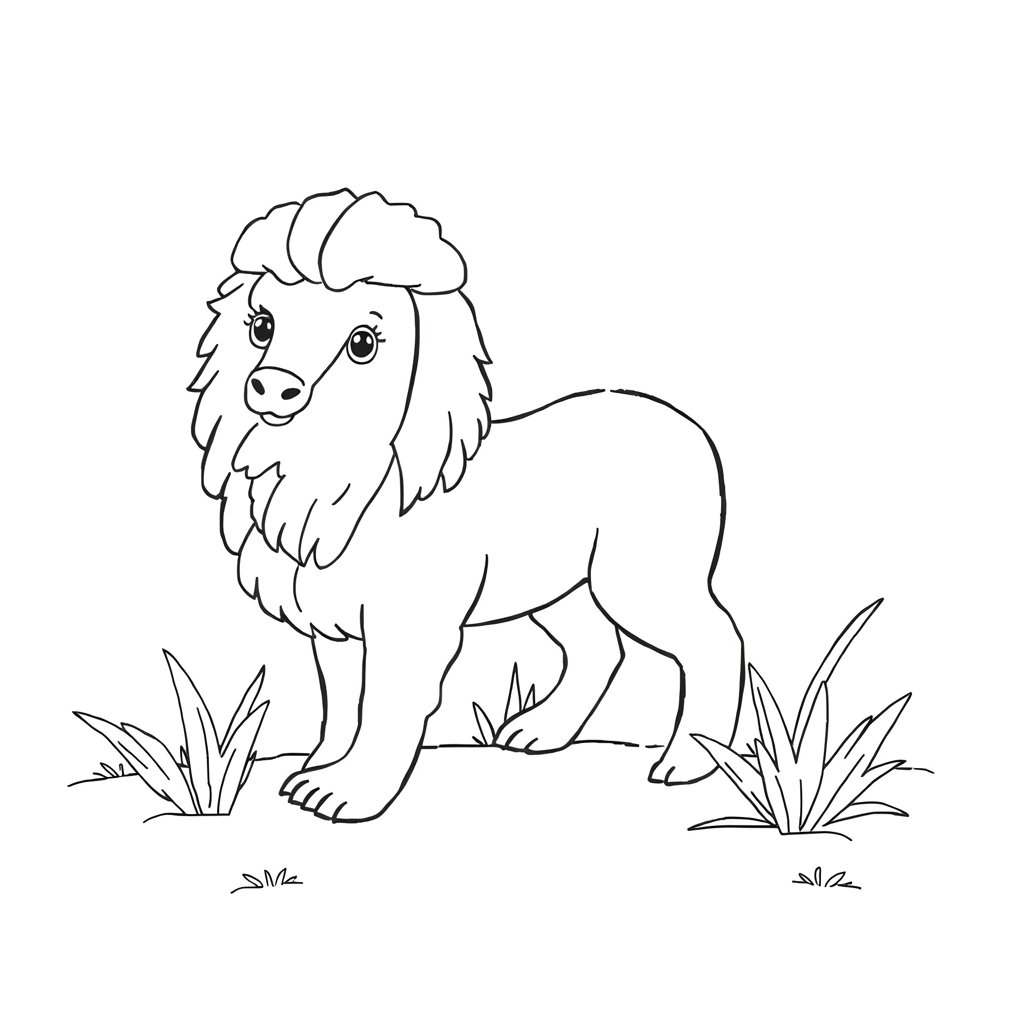 Link of a playful lion standing in the grass Coloring Page (free black-and-white line drawing printable PDF for all, from beginners to advanced learners, including children, teens, adults, and seniors)