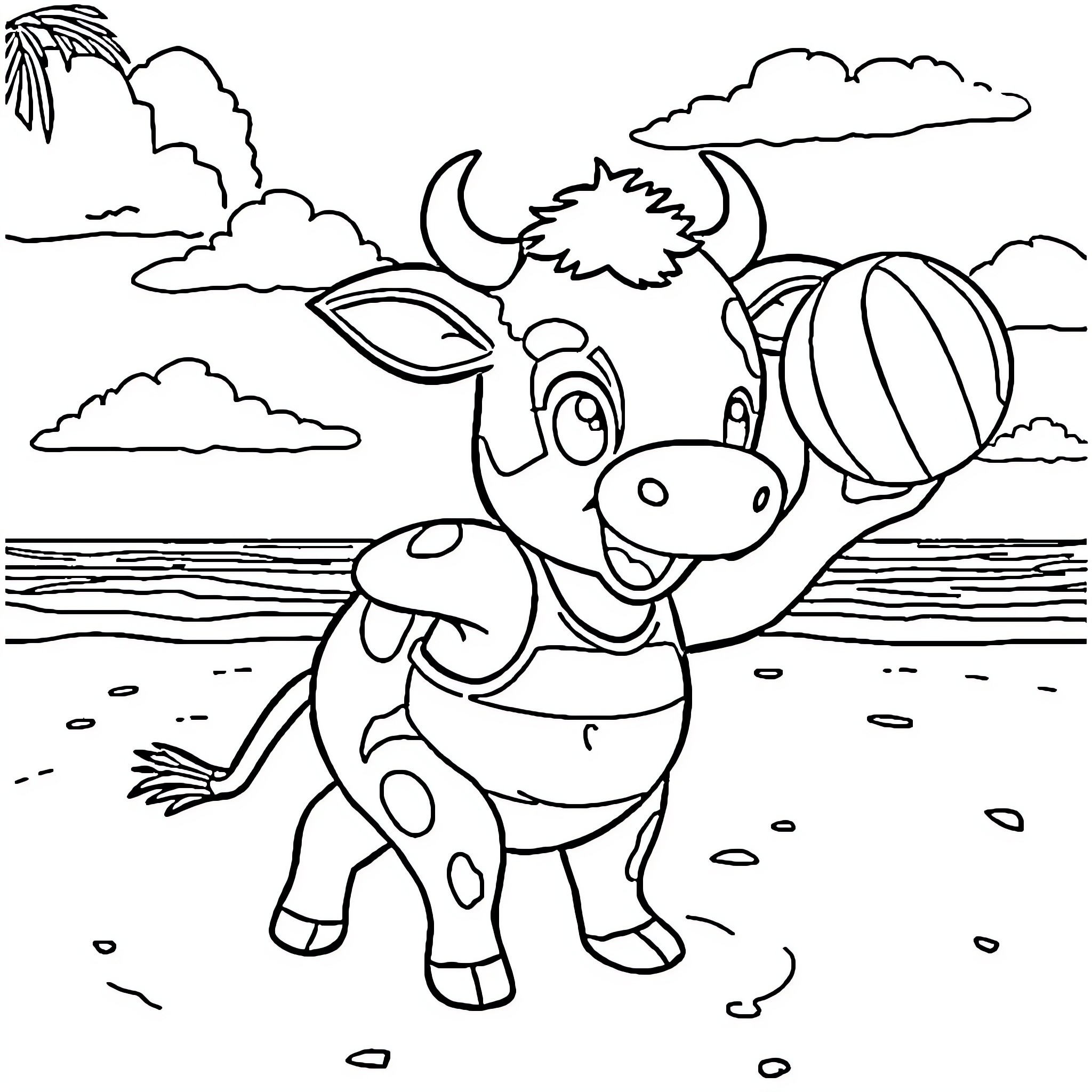 Cow playing with a beach ball by the shore Coloring Page (free black-and-white line drawing printable PDF for all, from beginners to advanced learners, including children, teens, adults, and seniors)