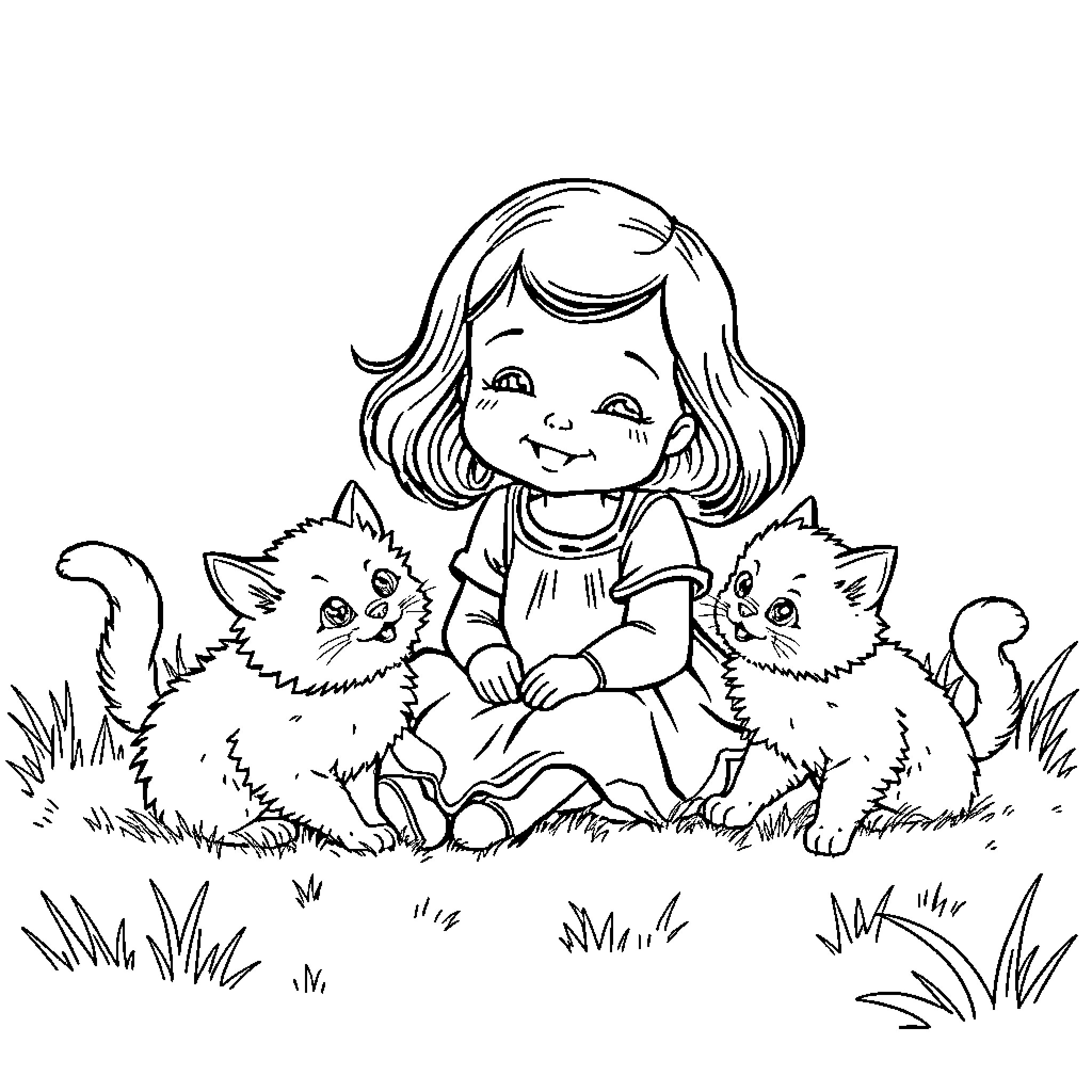 Girl playing with kittens in the grass Coloring Page (free black-and-white line drawing printable PDF for all, from beginners to advanced learners, including children, teens, adults, and seniors)