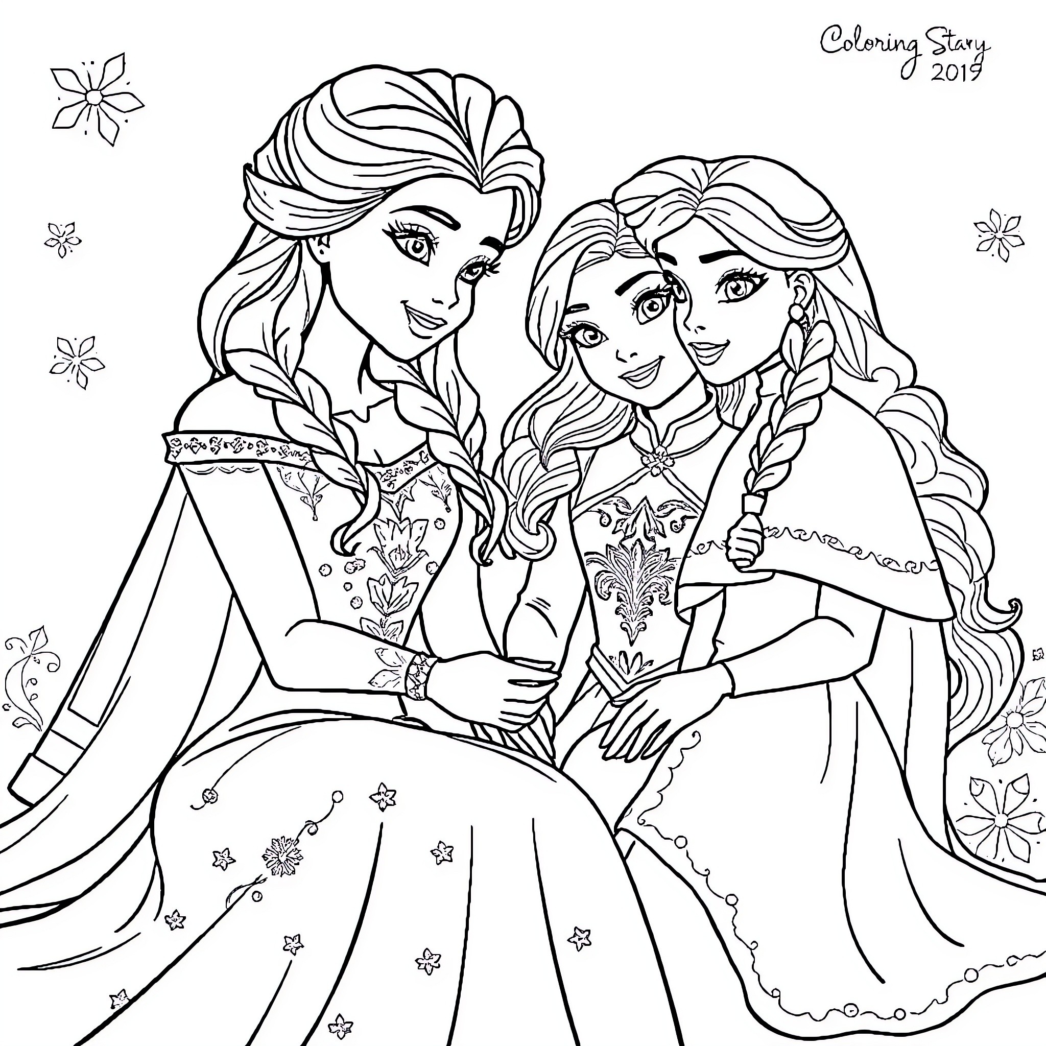 Elsa and Anna in Frozen Winter Attire Coloring Page (free black-and-white line drawing printable PDF for all, from beginners to advanced learners, including children, teens, adults, and seniors)