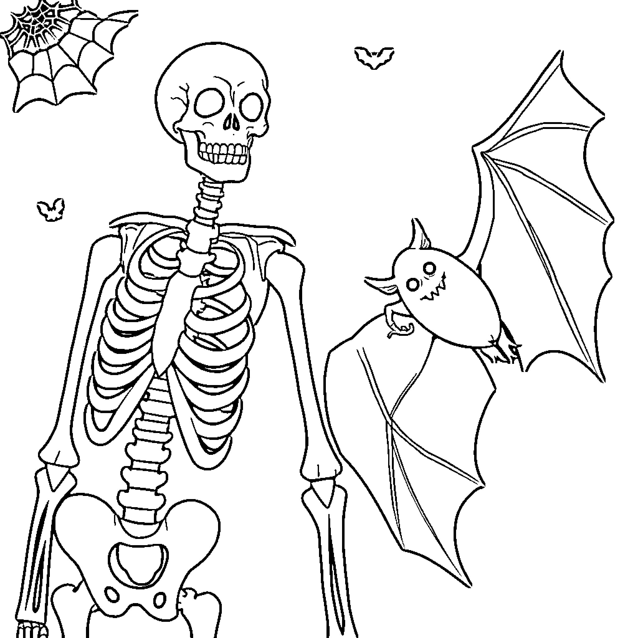 Skeleton and Bat in Spooky Halloween Scene Coloring Page (free black-and-white line drawing printable PDF for all, from beginners to advanced learners, including children, teens, adults, and seniors)