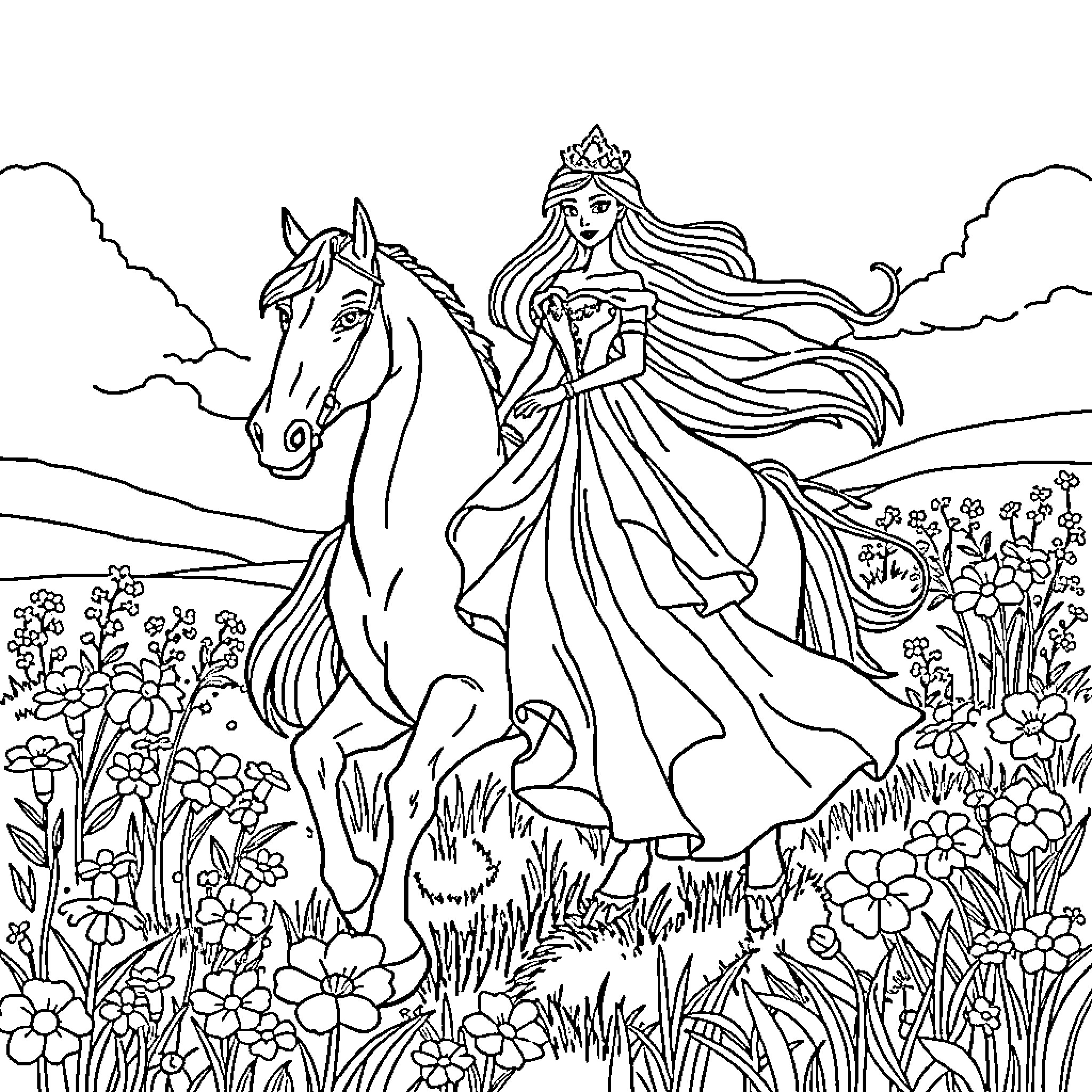 Princess riding a magnificent horse in a flowery meadow Coloring Page (free black-and-white line drawing printable PDF for all, from beginners to advanced learners, including children, teens, adults, and seniors)
