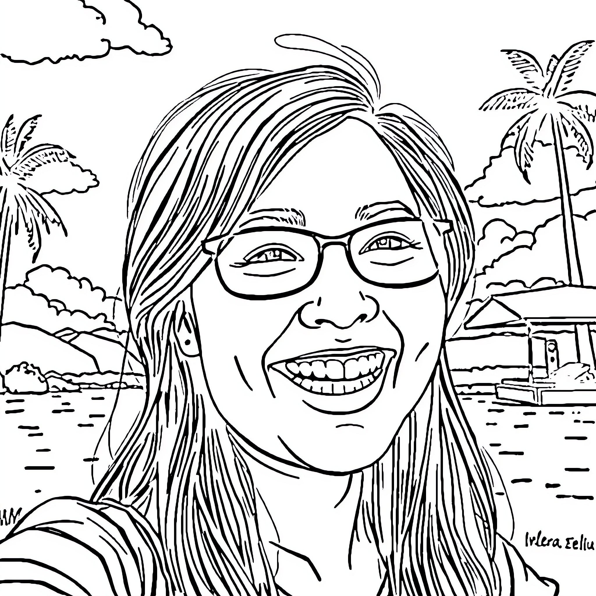 Lea Elui's Sunny Selfie at the Beach Coloring Page (free black-and-white line drawing printable PDF for all, from beginners to advanced learners, including children, teens, adults, and seniors)
