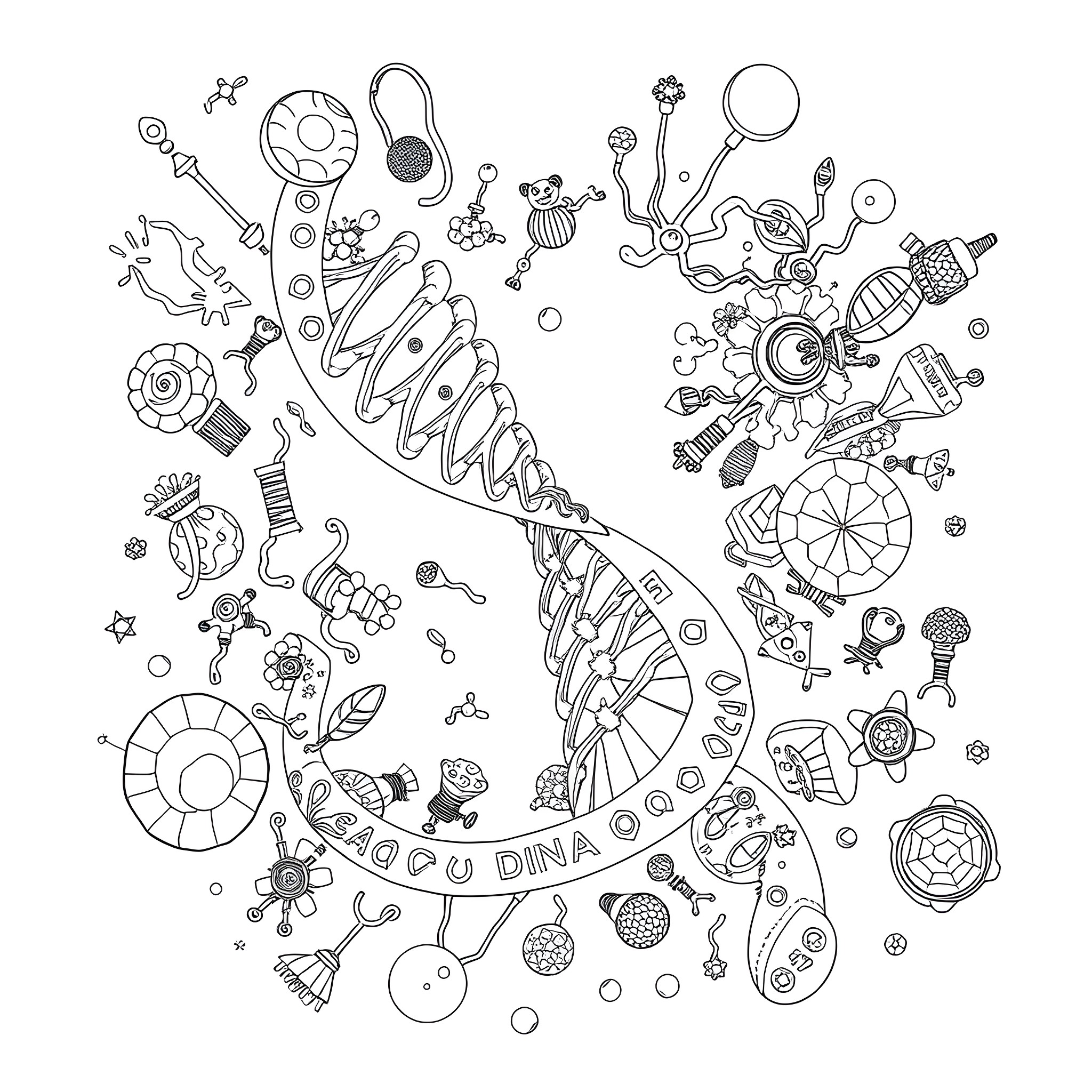 DNA Strand Surrounded by Biological Elements Coloring Page (free black-and-white line drawing printable PDF for all, from beginners to advanced learners, including children, teens, adults, and seniors)