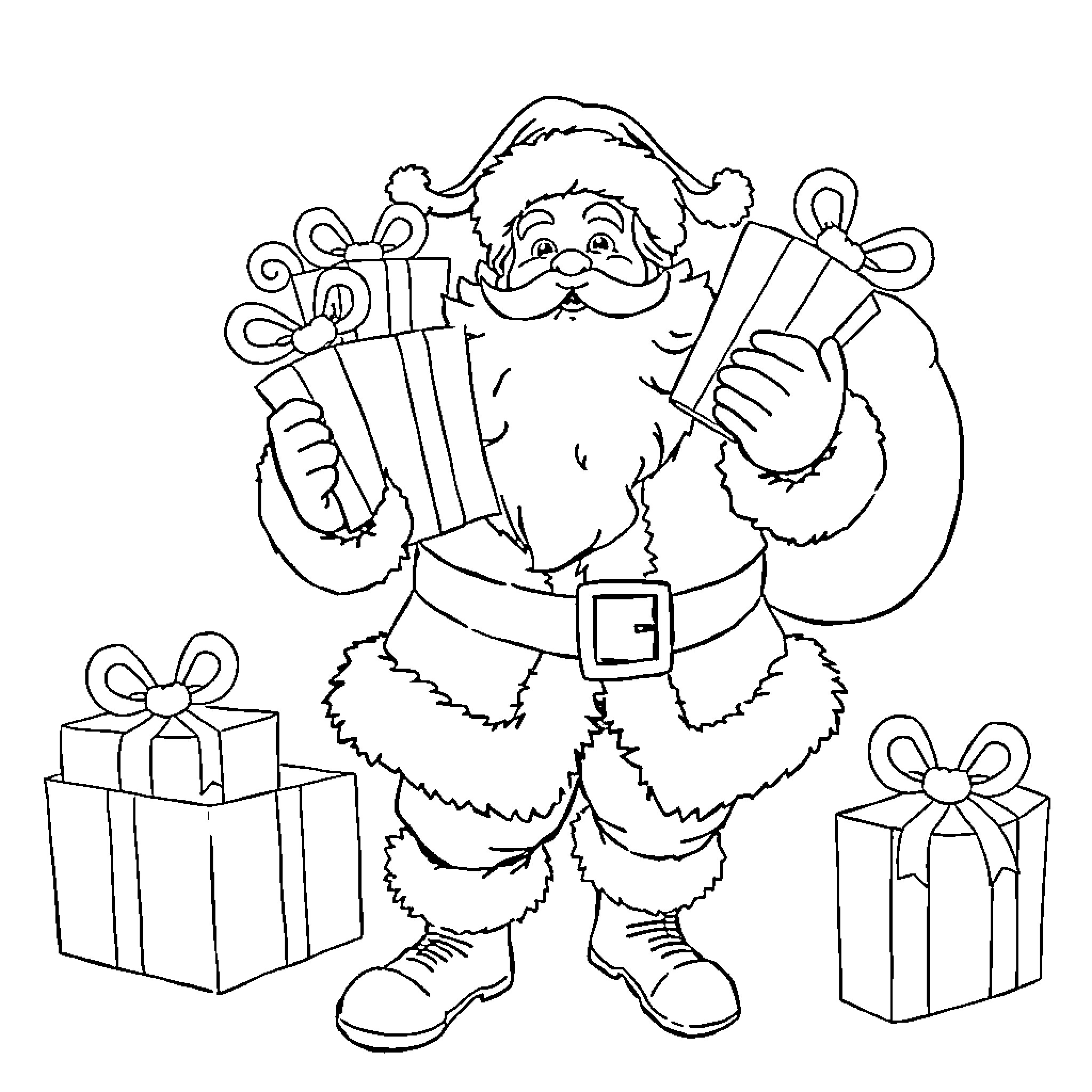 Santa delivering festive gifts with joy Coloring Page (free black-and-white line drawing printable PDF for all, from beginners to advanced learners, including children, teens, adults, and seniors)