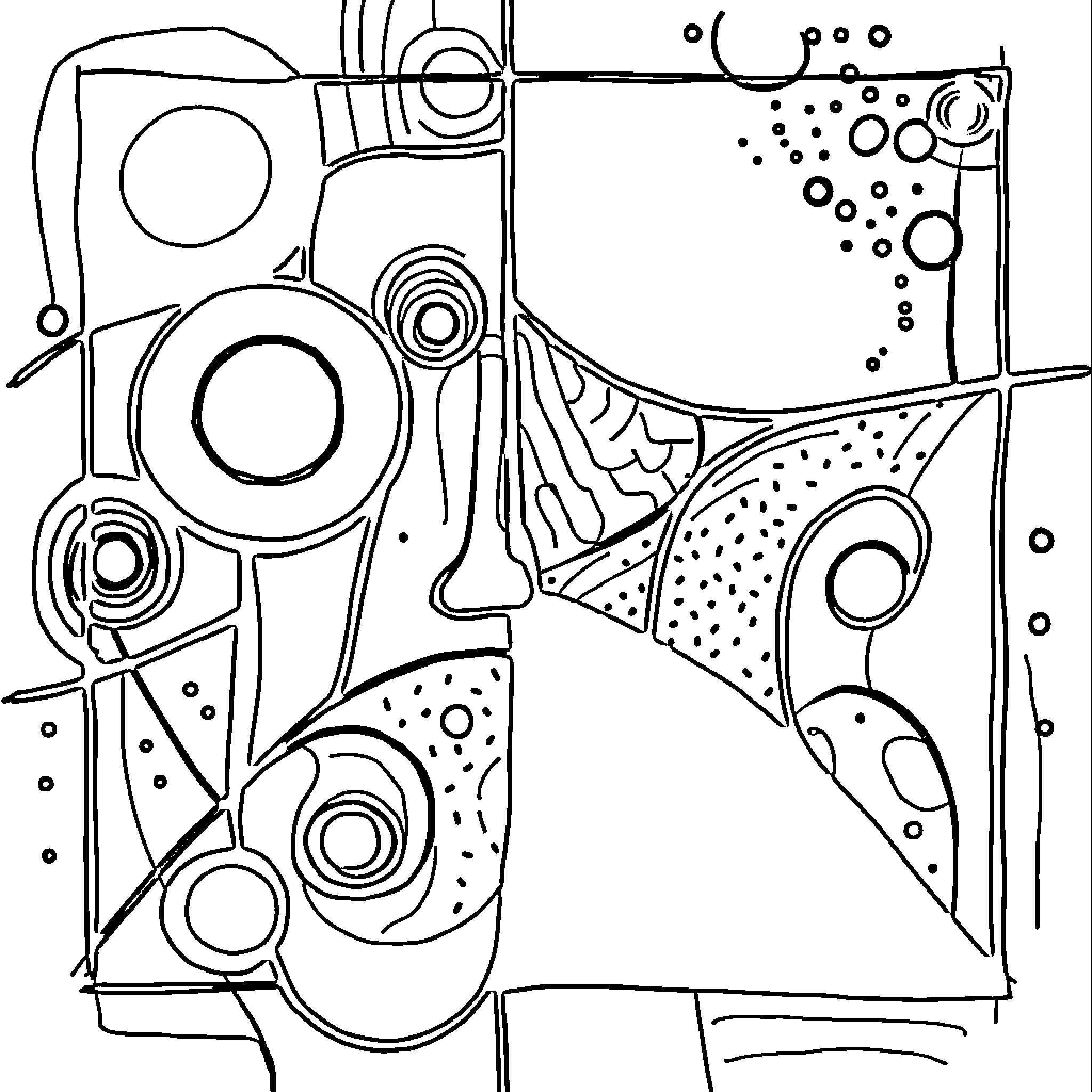 Picasso's Whimsical Abstract Composition Coloring Page (free black-and-white line drawing printable PDF for all, from beginners to advanced learners, including children, teens, adults, and seniors)