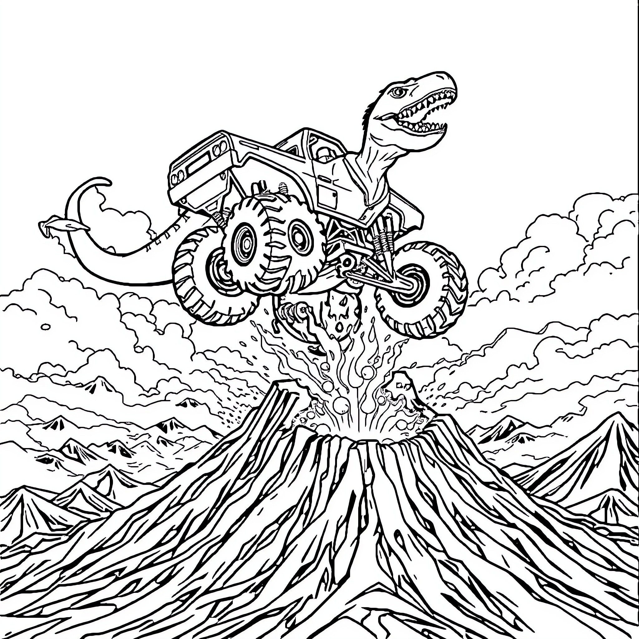 Dinosaur monster truck erupting from volcano landscape Coloring Page (free black-and-white line drawing printable PDF for all, from beginners to advanced learners, including children, teens, adults, and seniors)