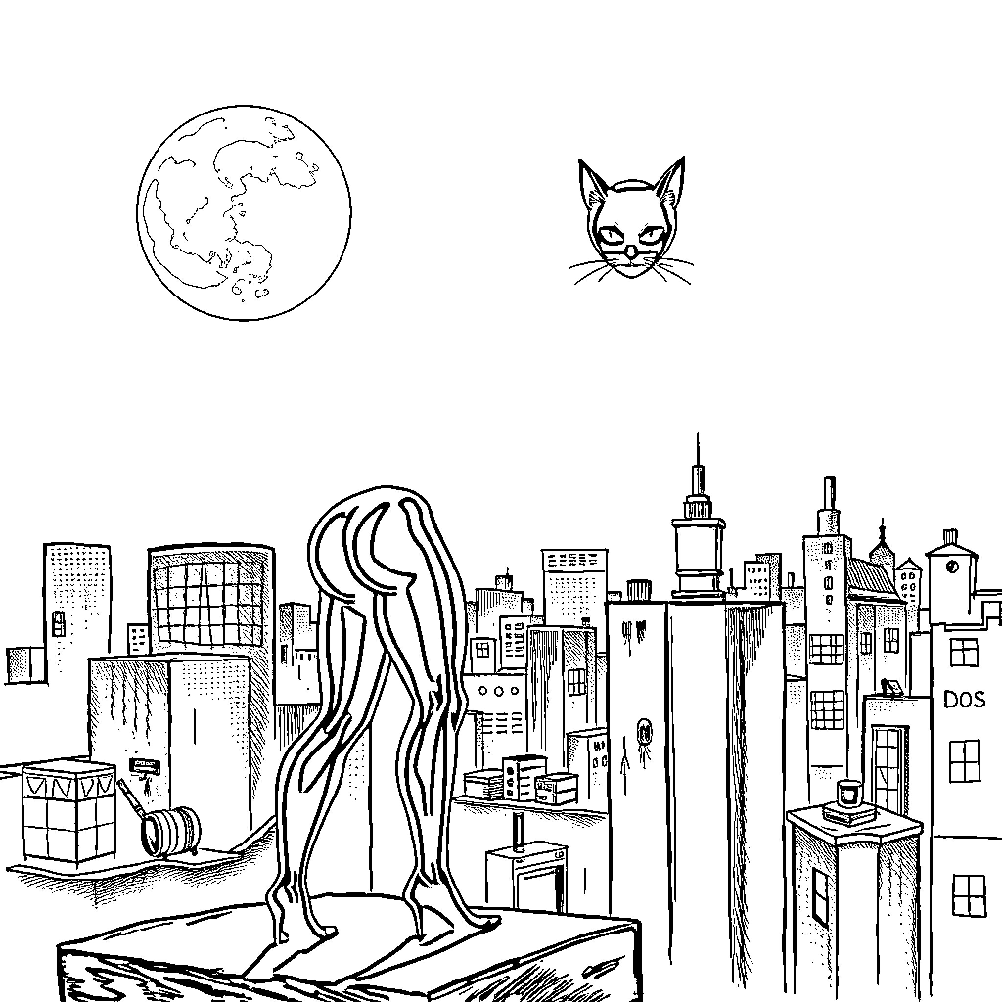 Cat Woman exploring the urban landscape Coloring Page (free black-and-white line drawing printable PDF for all, from beginners to advanced learners, including children, teens, adults, and seniors)