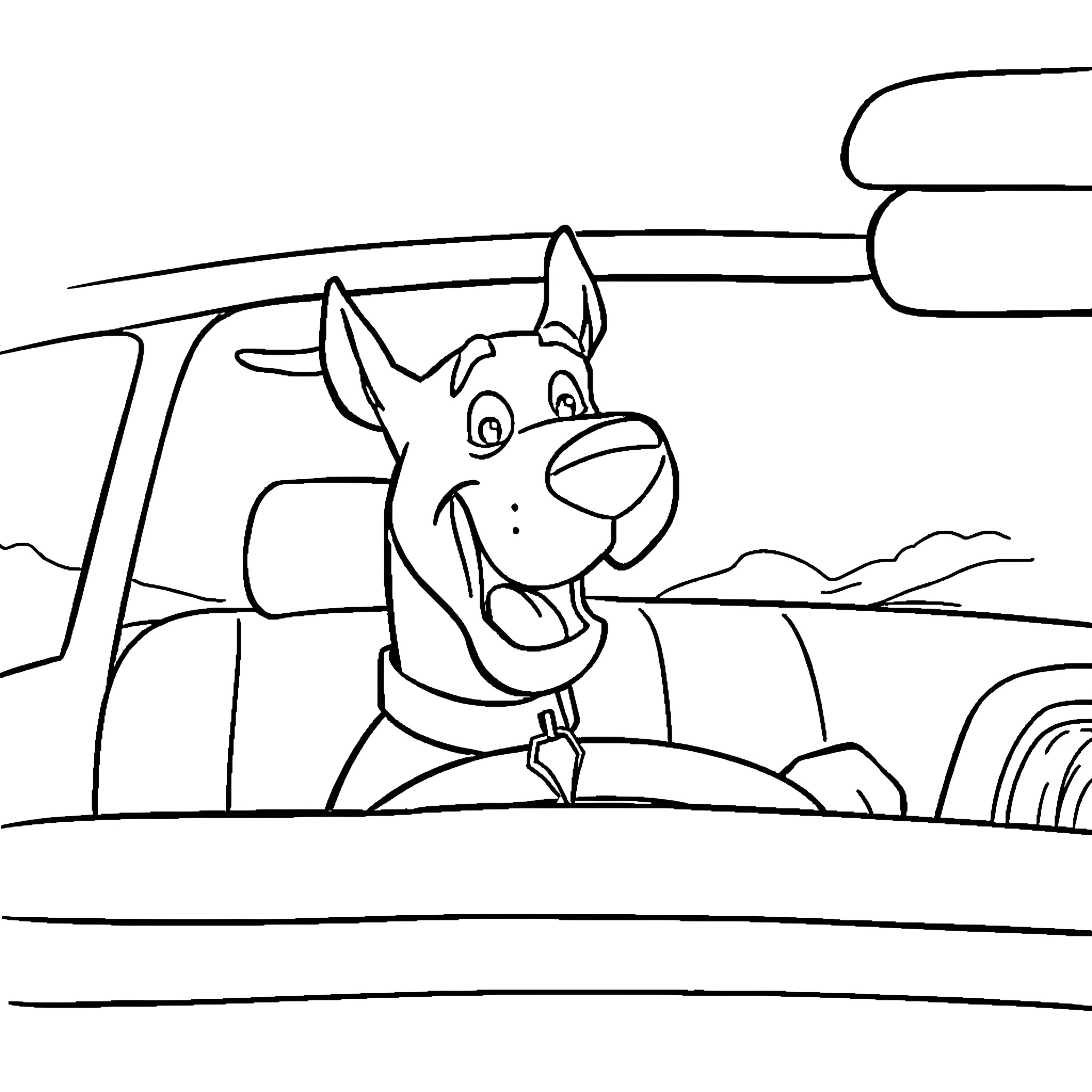 Scooby Doo driving an old vehicle down the road Coloring Page (free black-and-white line drawing printable PDF for all, from beginners to advanced learners, including children, teens, adults, and seniors)