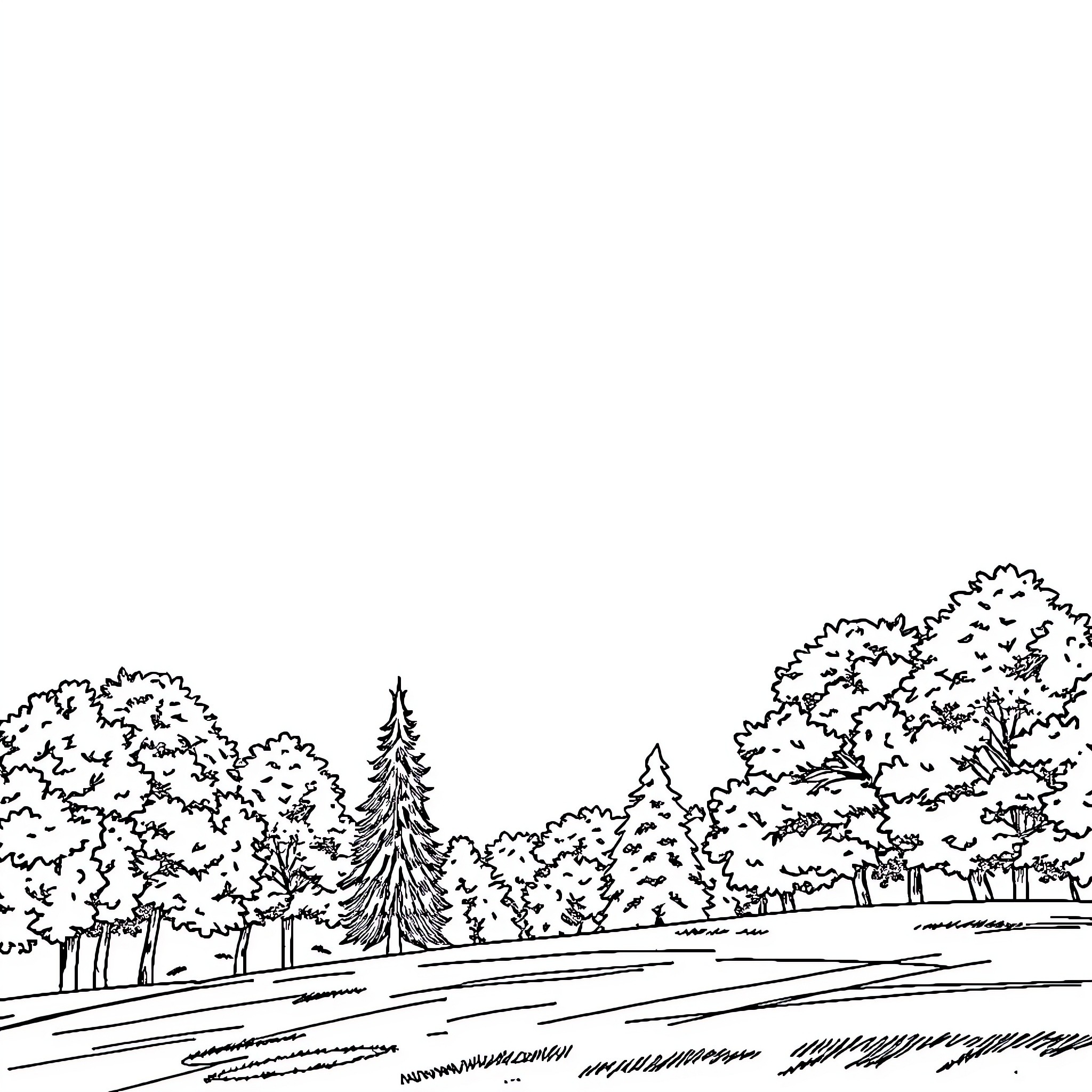 Landscape of Forested Countryside Coloring Page (free black-and-white line drawing printable PDF for all, from beginners to advanced learners, including children, teens, adults, and seniors)