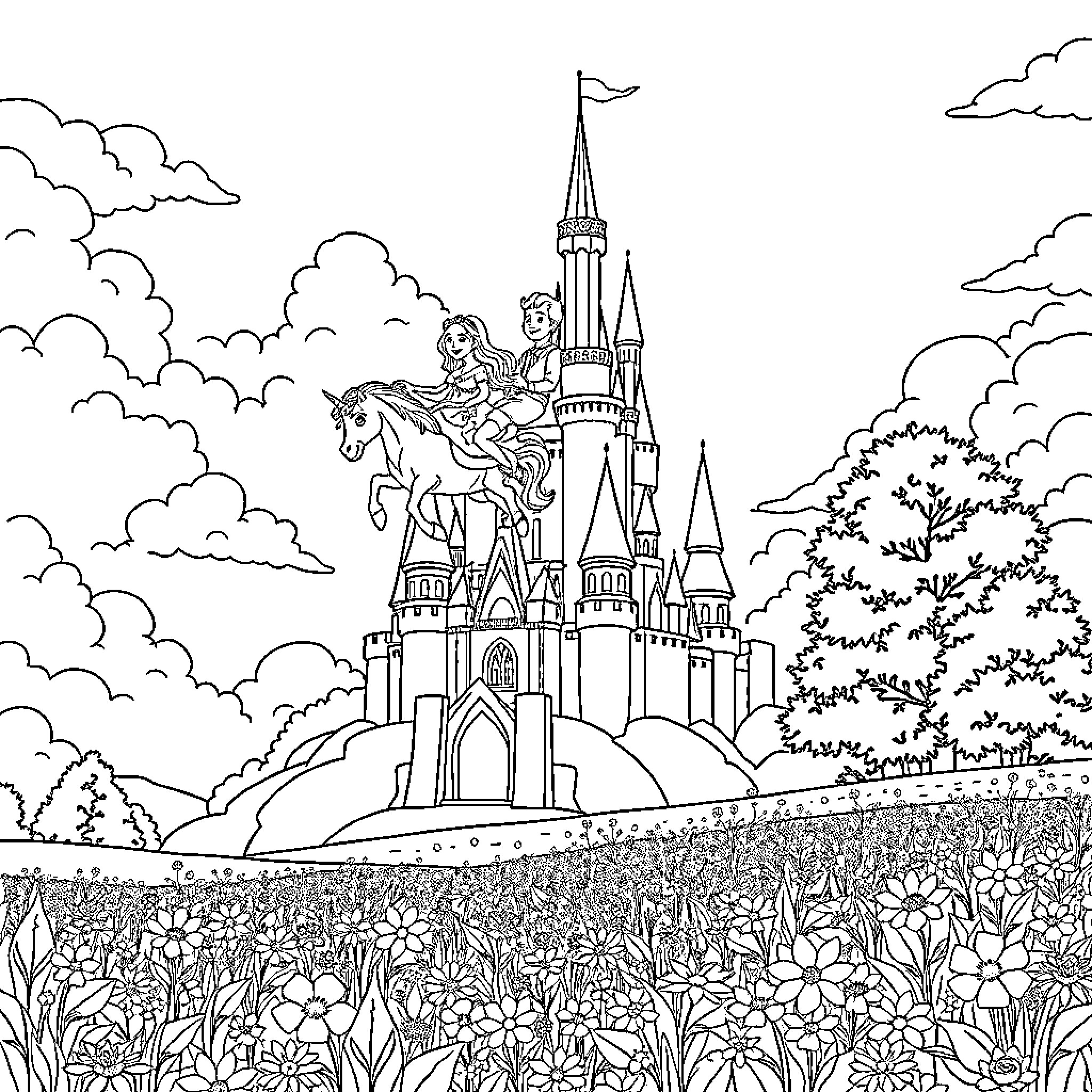 Unicorn knight rides towards enchanted castle Coloring Page (free black-and-white line drawing printable PDF for all, from beginners to advanced learners, including children, teens, adults, and seniors)