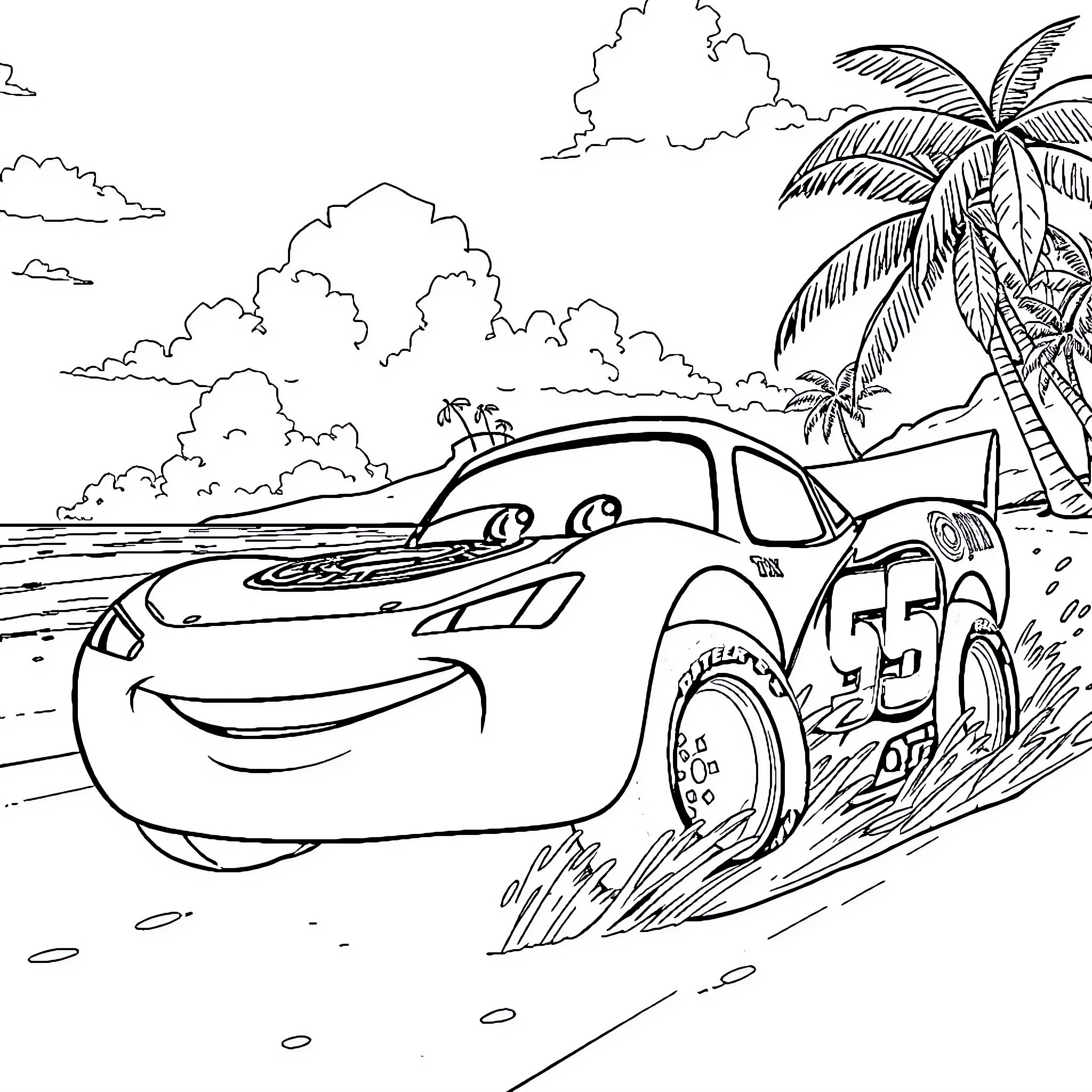 Flash McQueen's beach adventure Coloring Page (free black-and-white line drawing printable PDF for all, from beginners to advanced learners, including children, teens, adults, and seniors)