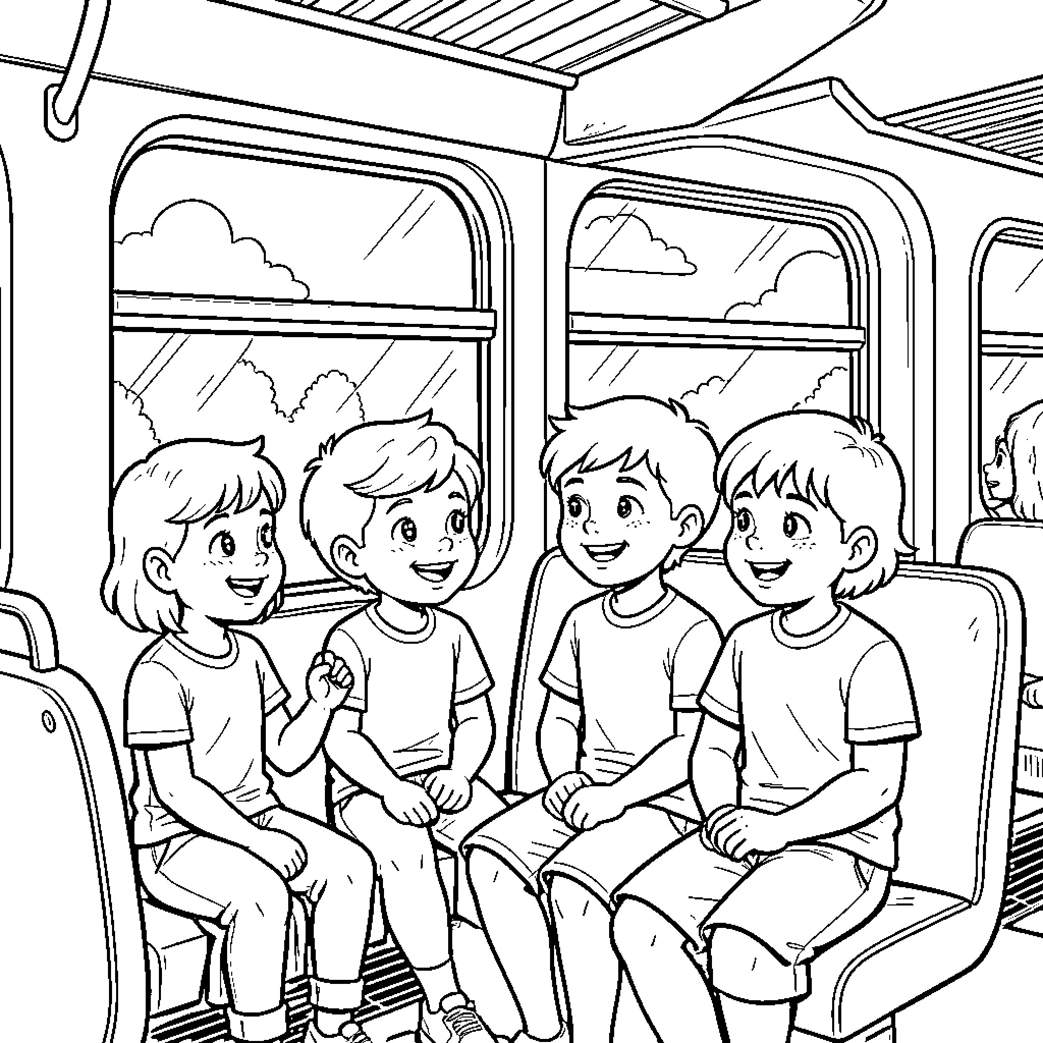 Child friends sitting and smiling together on a bus Coloring Page (free black-and-white line drawing printable PDF for all, from beginners to advanced learners, including children, teens, adults, and seniors)