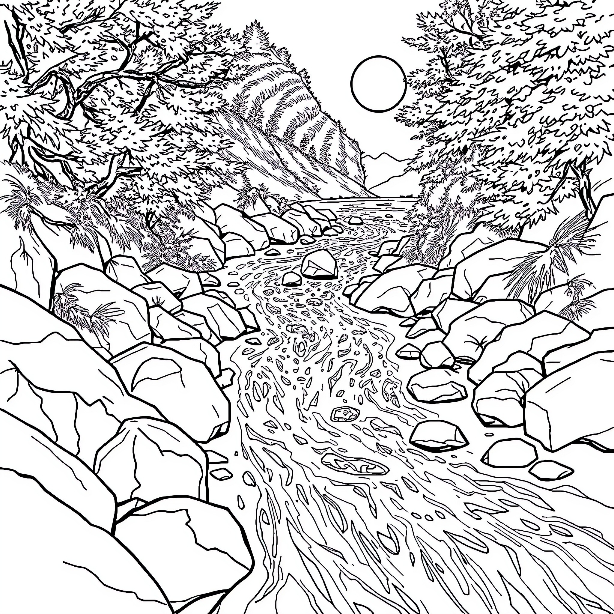 River flowing through rocky landscape with lush vegetation Coloring Page (free black-and-white line drawing printable PDF for all, from beginners to advanced learners, including children, teens, adults, and seniors)