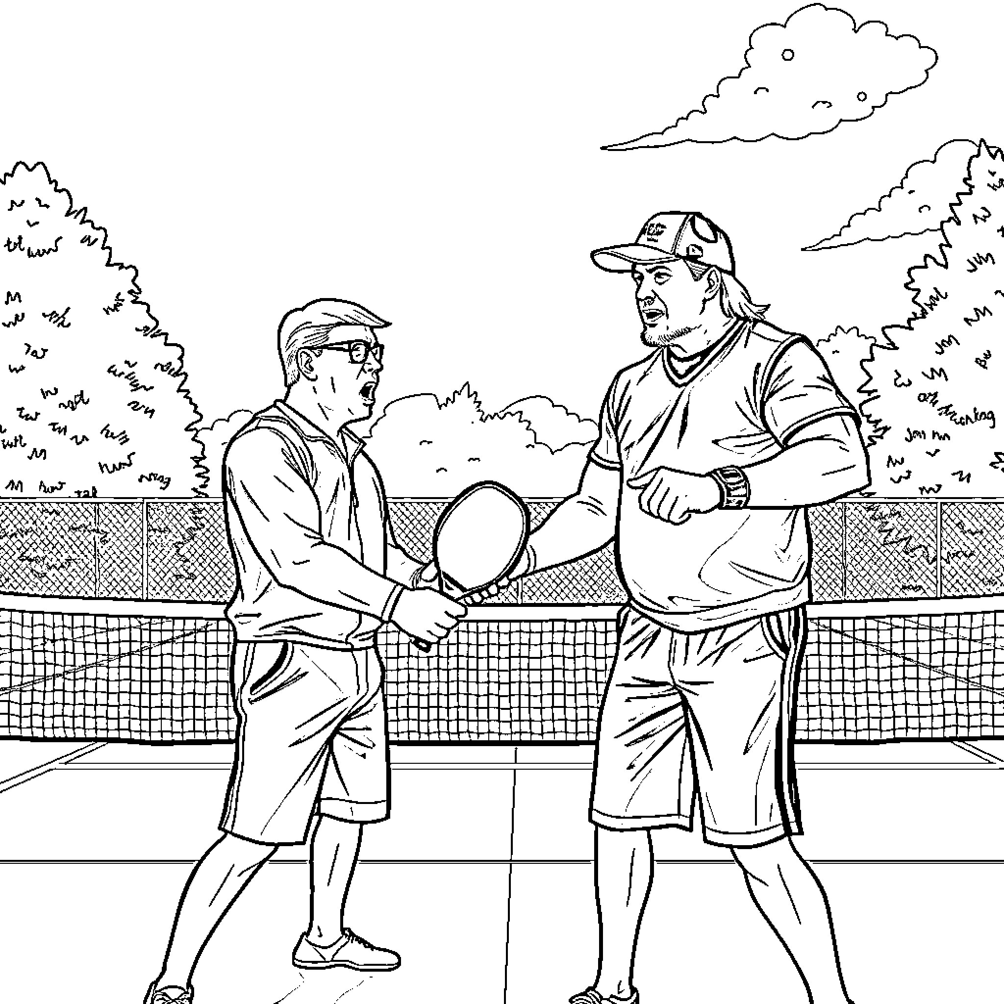 John Cena playing tennis with a friend on the court Coloring Page (free black-and-white line drawing printable PDF for all, from beginners to advanced learners, including children, teens, adults, and seniors)