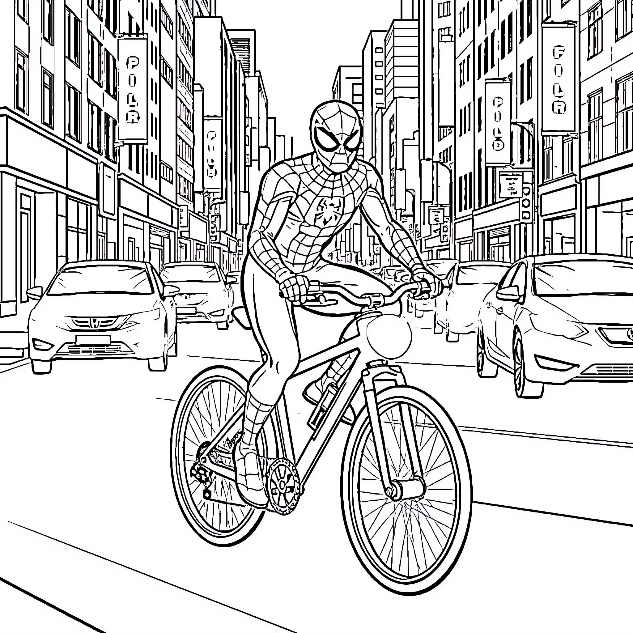 Spiderman biking through the city streets Coloring Page (free black-and-white line drawing printable PDF for all, from beginners to advanced learners, including children, teens, adults, and seniors)