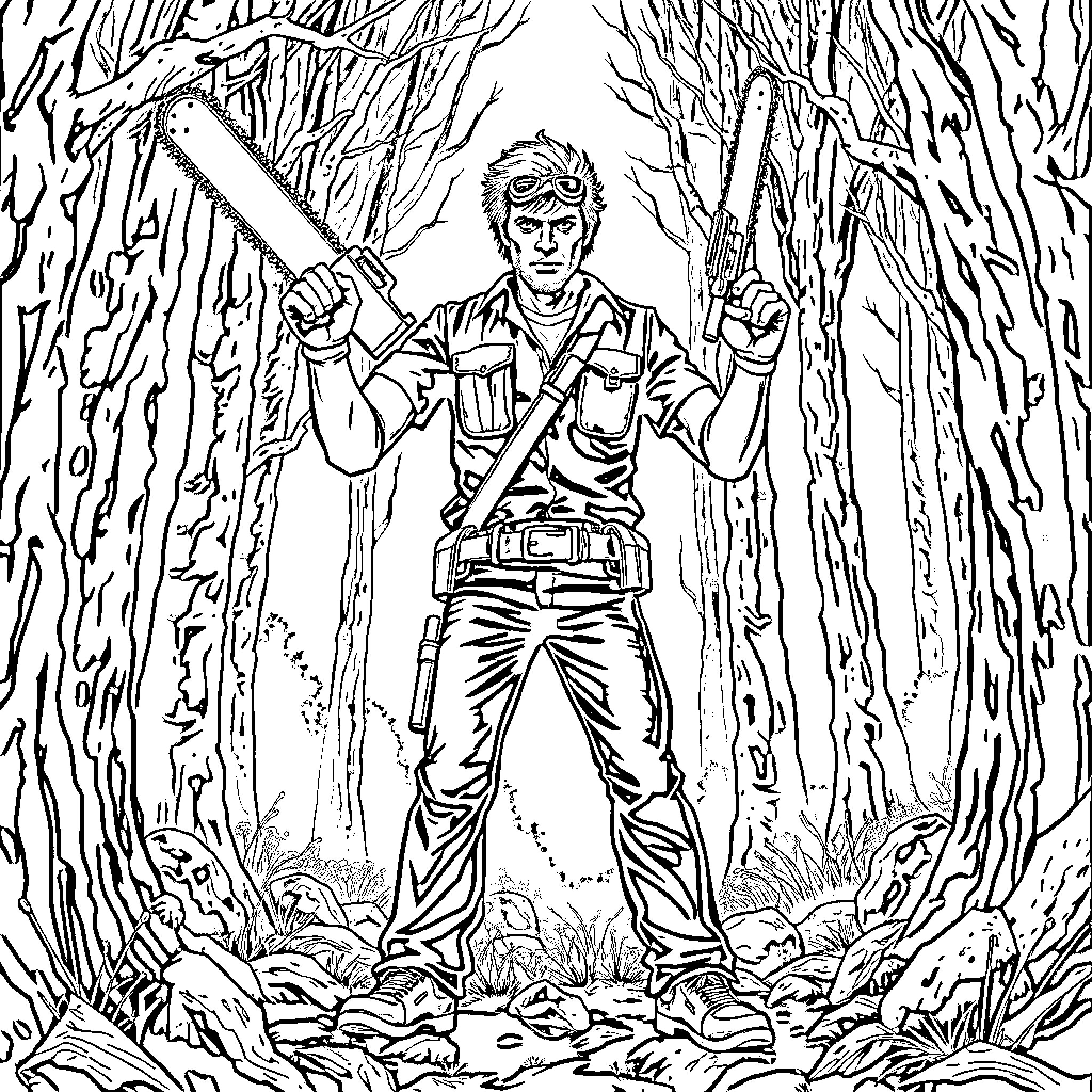 Ash's Adventurous Exploration in the Mysterious Forest Coloring Page (free black-and-white line drawing printable PDF for all, from beginners to advanced learners, including children, teens, adults, and seniors)
