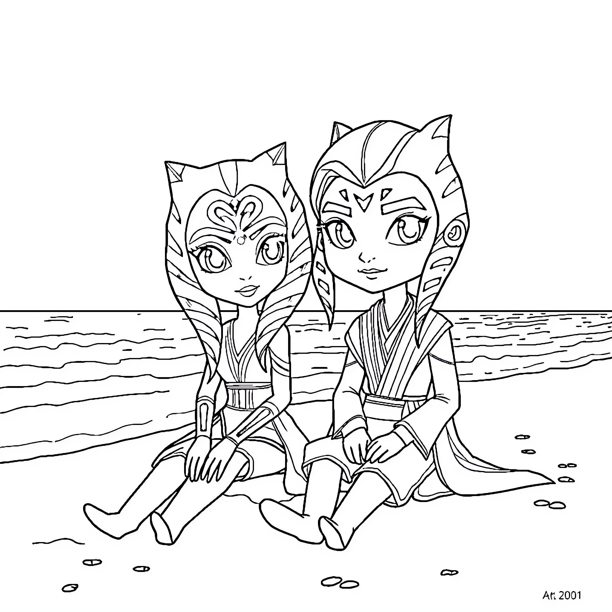 Ahsoka and Anakin at the Beach Coloring Page (free black-and-white line drawing printable PDF for all, from beginners to advanced learners, including children, teens, adults, and seniors)