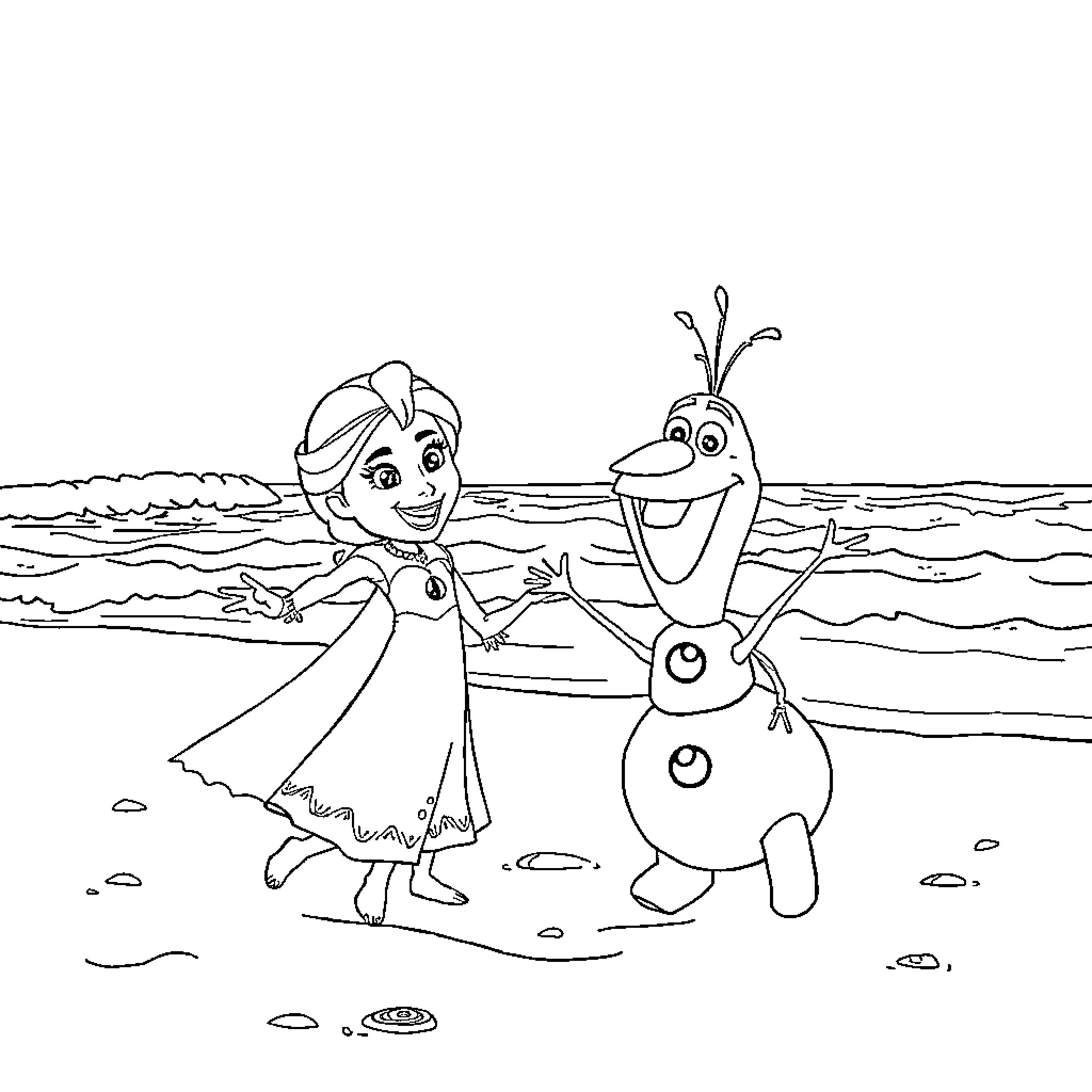 Elsa and Olaf playing joyfully at the beach Coloring Page (free black-and-white line drawing printable PDF for all, from beginners to advanced learners, including children, teens, adults, and seniors)