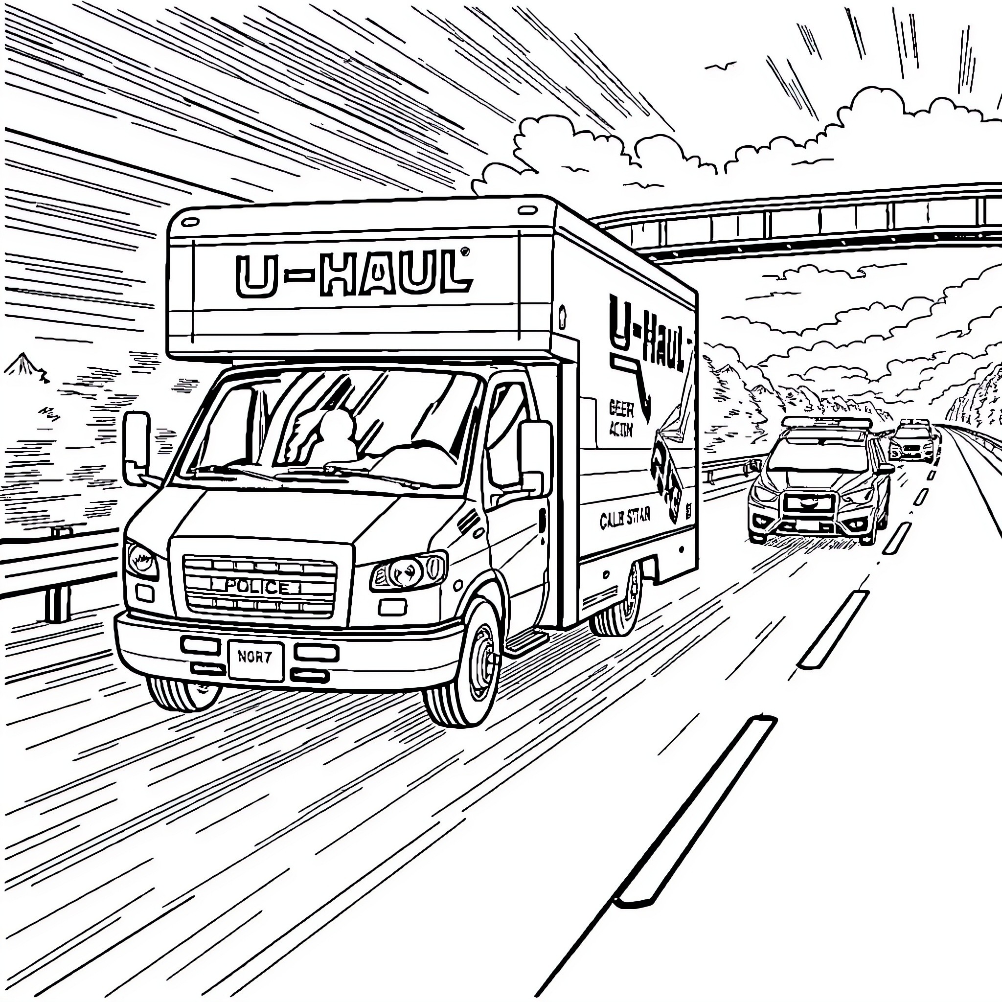 U-Haul trucks speeding on the highway Coloring Page (free black-and-white line drawing printable PDF for all, from beginners to advanced learners, including children, teens, adults, and seniors)