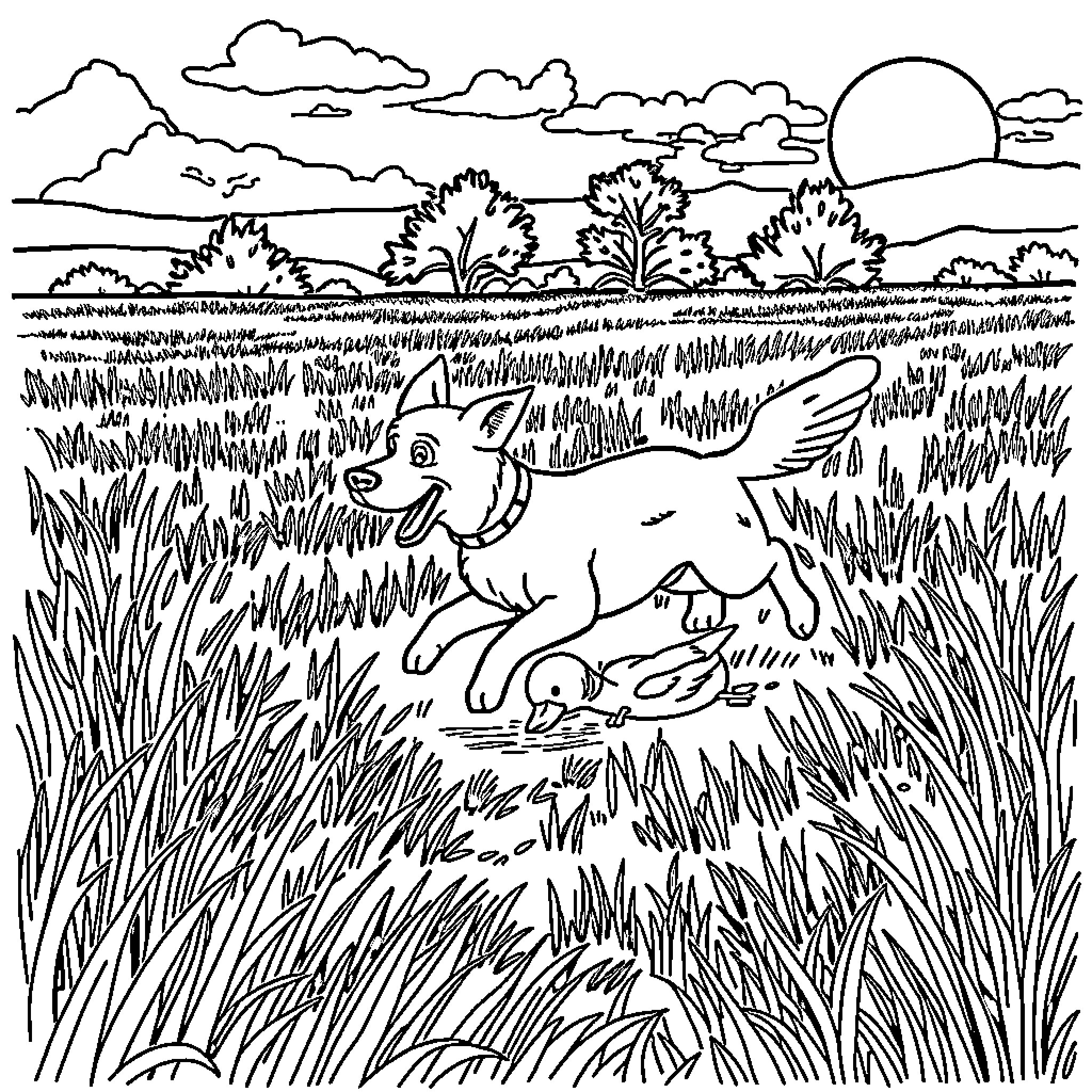 Dog playing joyfully in the field Coloring Page (free black-and-white line drawing printable PDF for all, from beginners to advanced learners, including children, teens, adults, and seniors)
