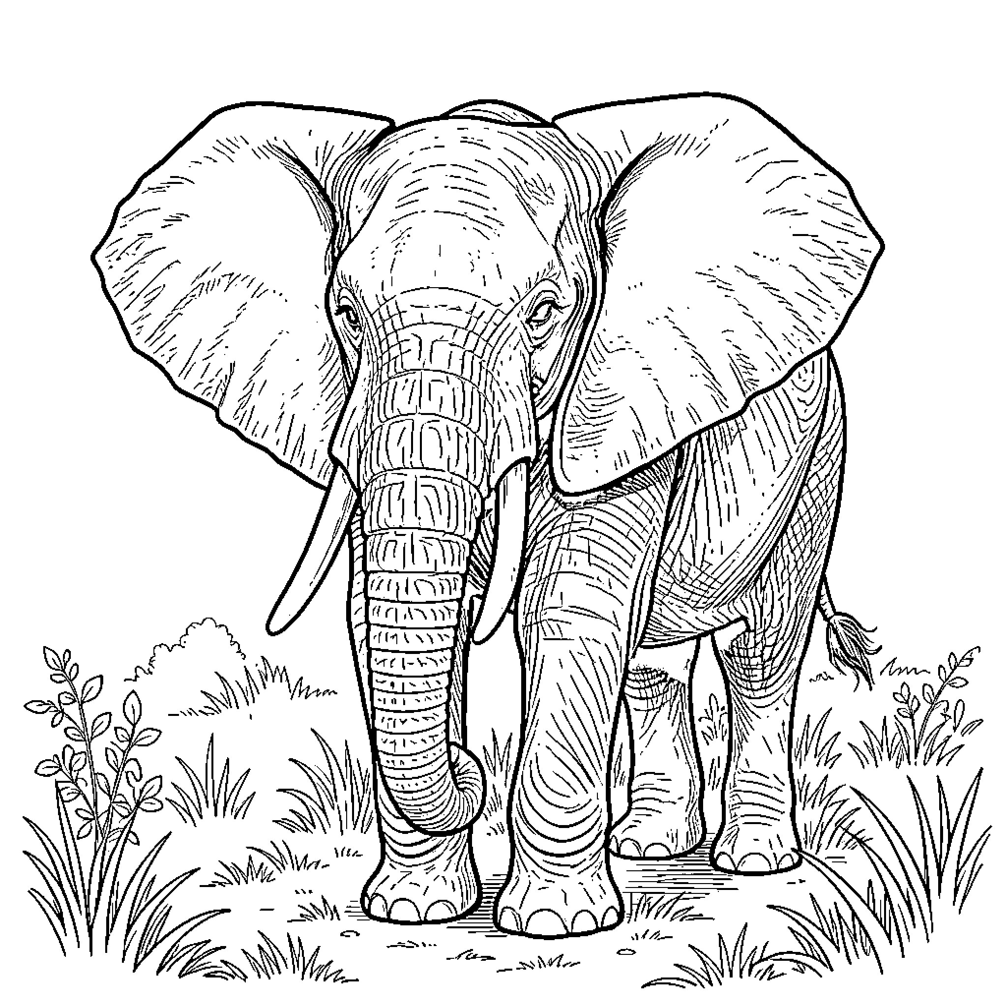 Elephant standing in the wilderness Coloring Page (free black-and-white line drawing printable PDF for all, from beginners to advanced learners, including children, teens, adults, and seniors)