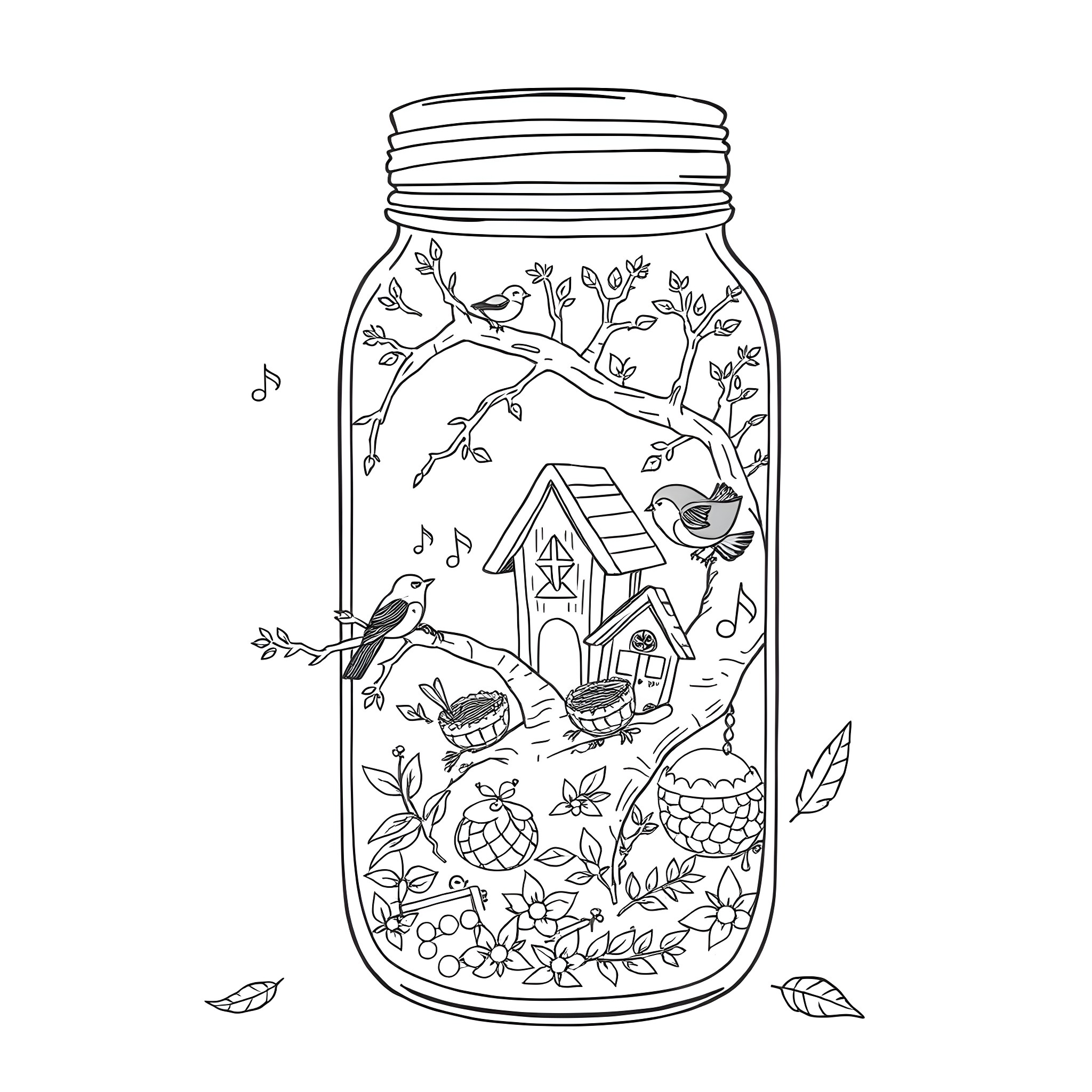 Bird's enchanting home in a nature-filled glass jar Coloring Page (free black-and-white line drawing printable PDF for all, from beginners to advanced learners, including children, teens, adults, and seniors)