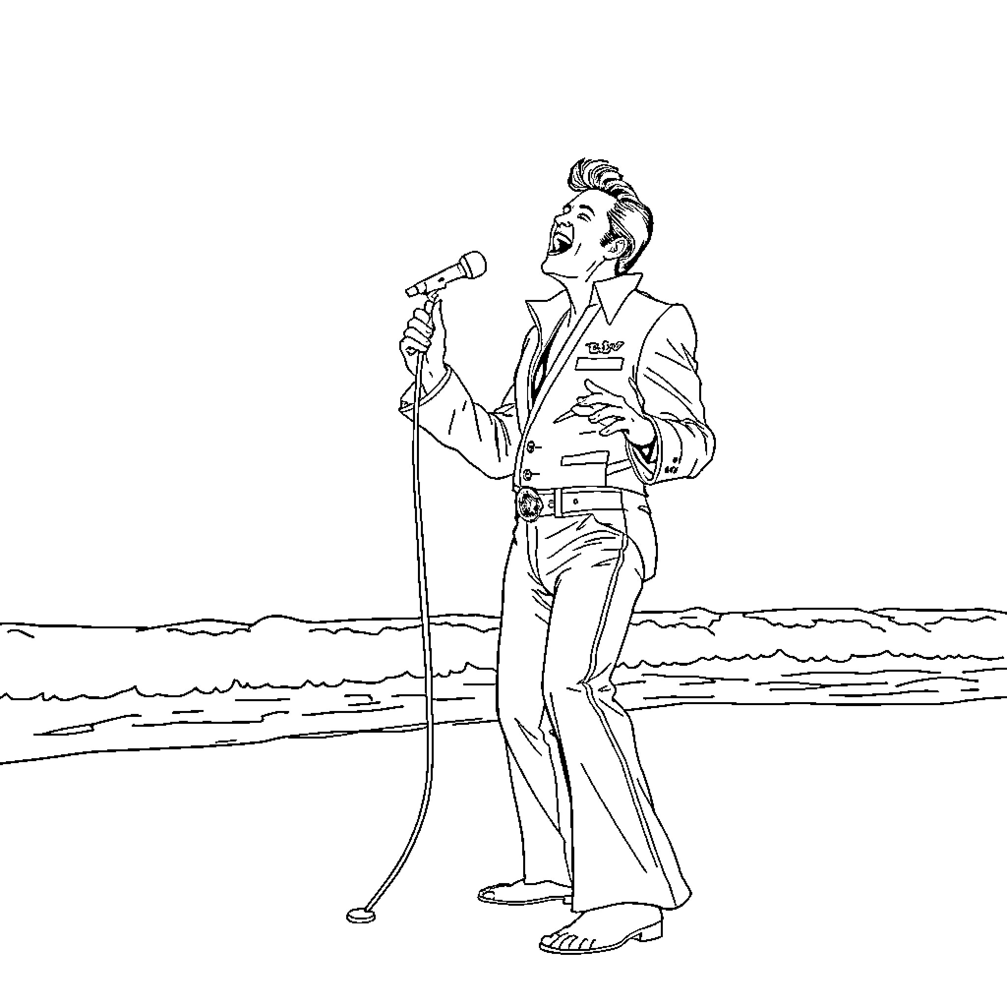 Elvis Performing Energetically on Stage Coloring Page (free black-and-white line drawing printable PDF for all, from beginners to advanced learners, including children, teens, adults, and seniors)
