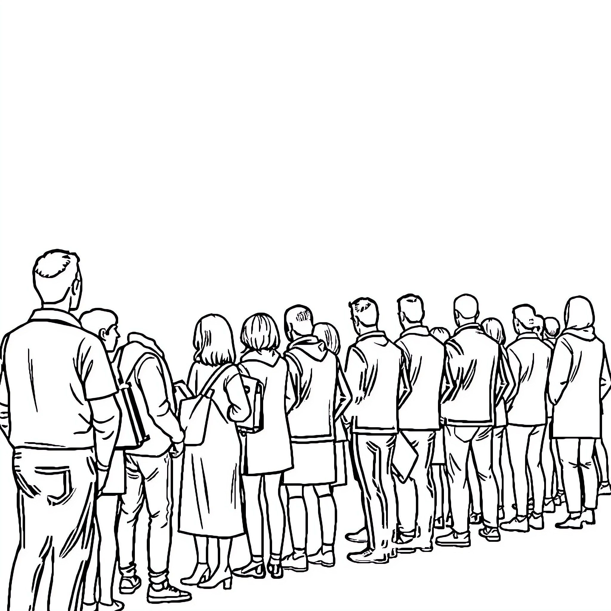 Line of People Waiting Patiently Coloring Page (free black-and-white line drawing printable PDF for all, from beginners to advanced learners, including children, teens, adults, and seniors)
