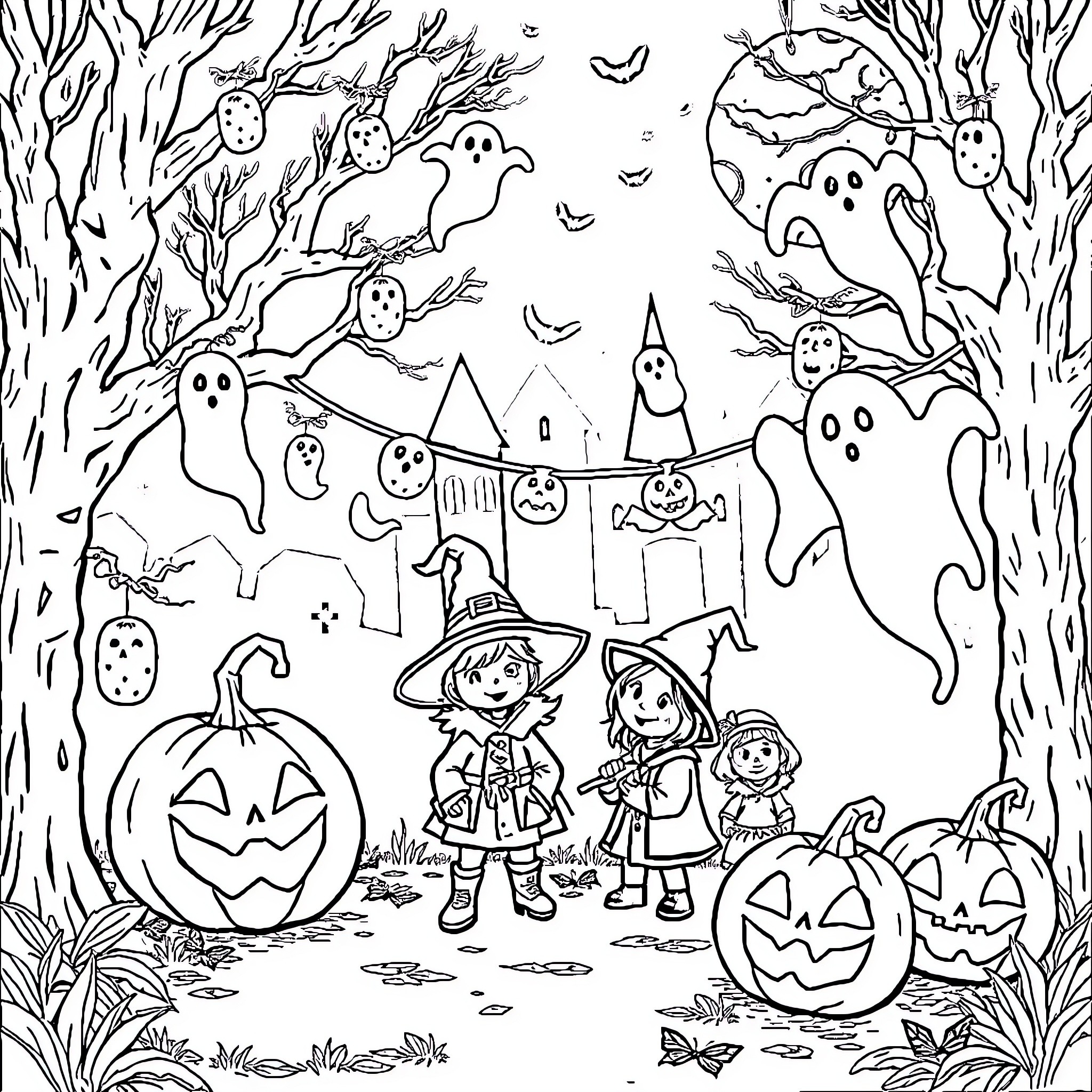 Halloween Trick-or-Treating in a Haunted Forest Coloring Page (free black-and-white line drawing printable PDF for all, from beginners to advanced learners, including children, teens, adults, and seniors)
