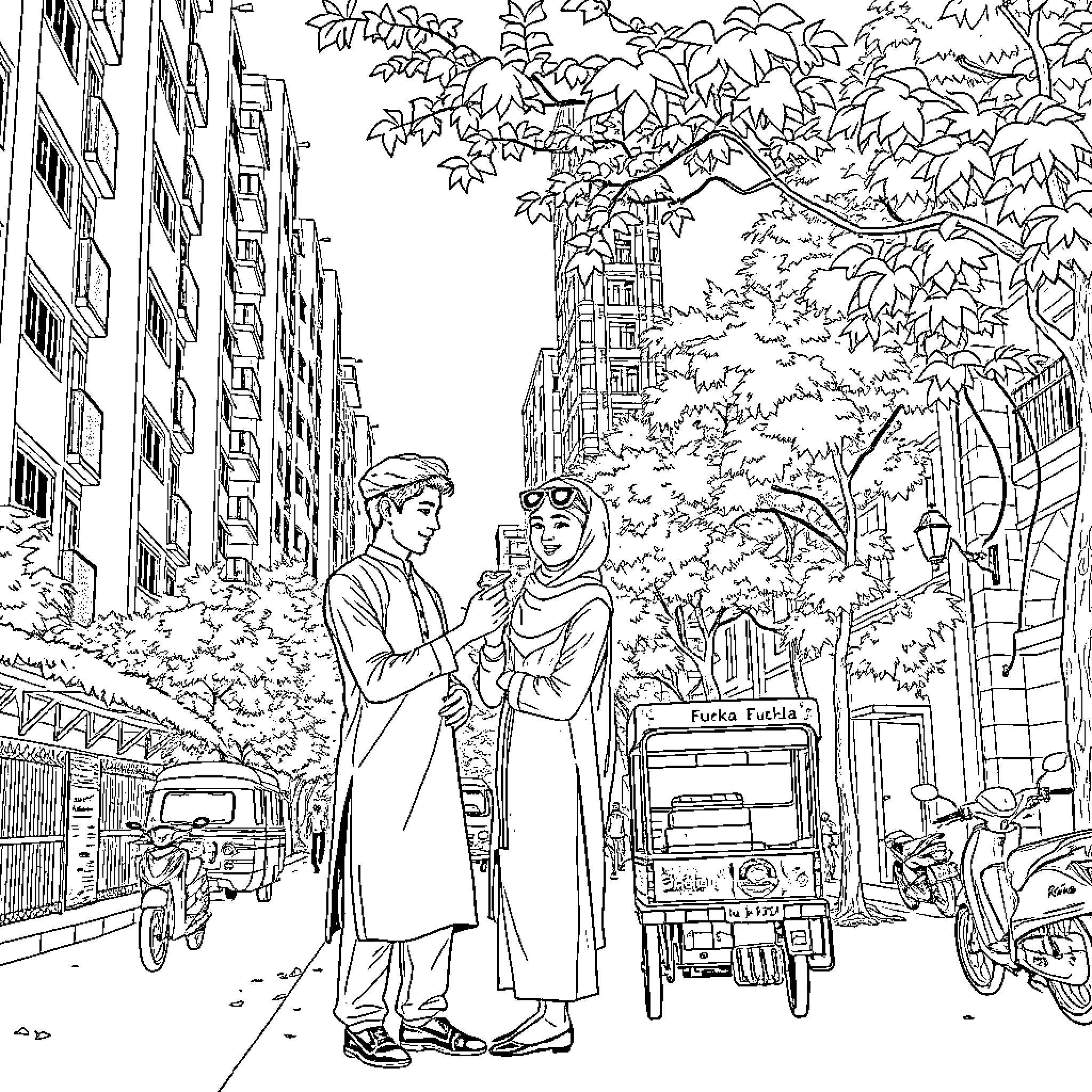 Couple enjoying a stroll through the city Coloring Page (free black-and-white line drawing printable PDF for all, from beginners to advanced learners, including children, teens, adults, and seniors)