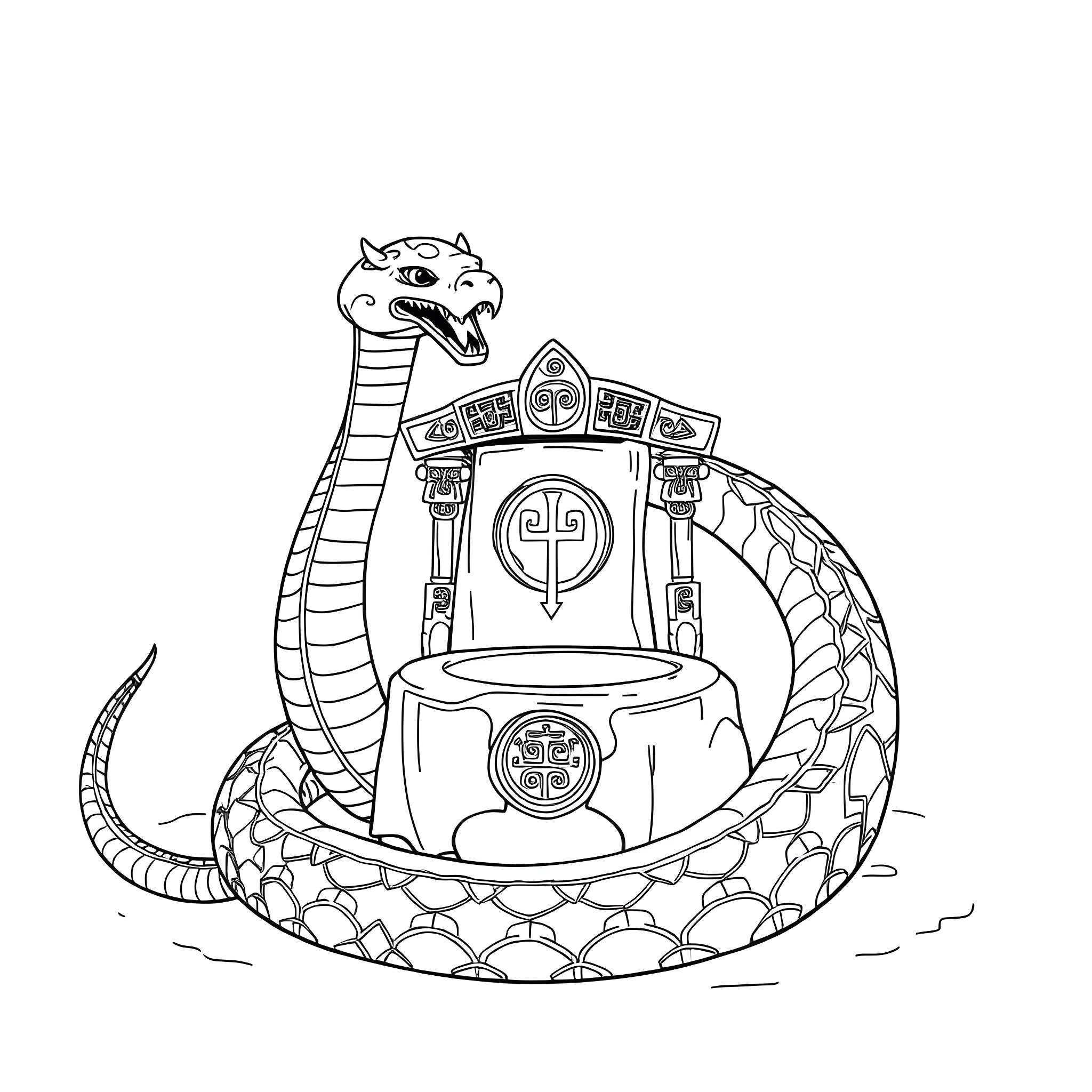 Uktena guarding a mystical artifact Coloring Page (free black-and-white line drawing printable PDF for all, from beginners to advanced learners, including children, teens, adults, and seniors)