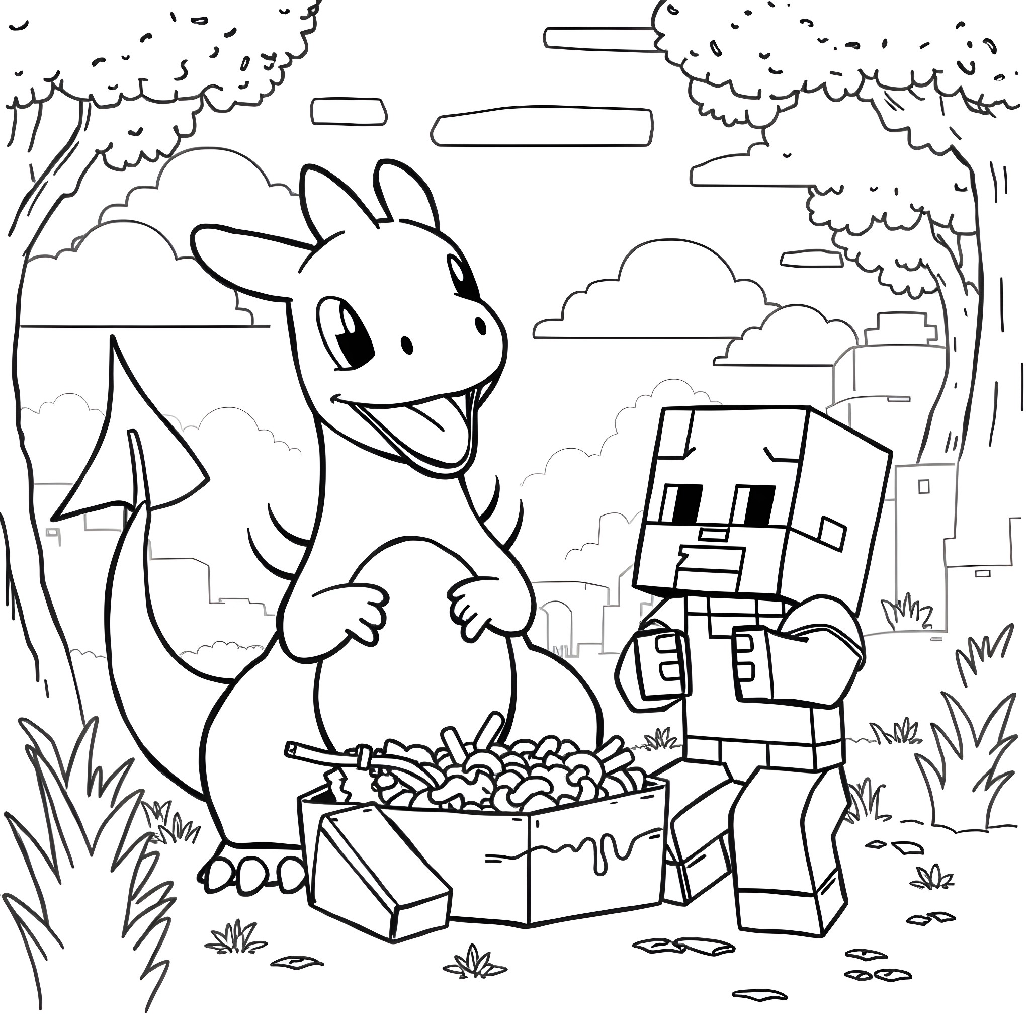 Charizard sharing a picnic with Minecraft character Coloring Page (free black-and-white line drawing printable PDF for all, from beginners to advanced learners, including children, teens, adults, and seniors)
