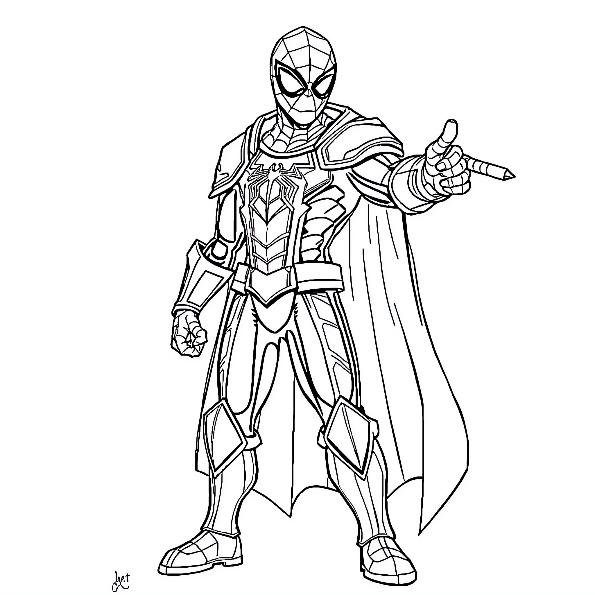 Spiderman in Heroic Pose with Armored Suit Coloring Page (free black-and-white line drawing printable PDF for all, from beginners to advanced learners, including children, teens, adults, and seniors)