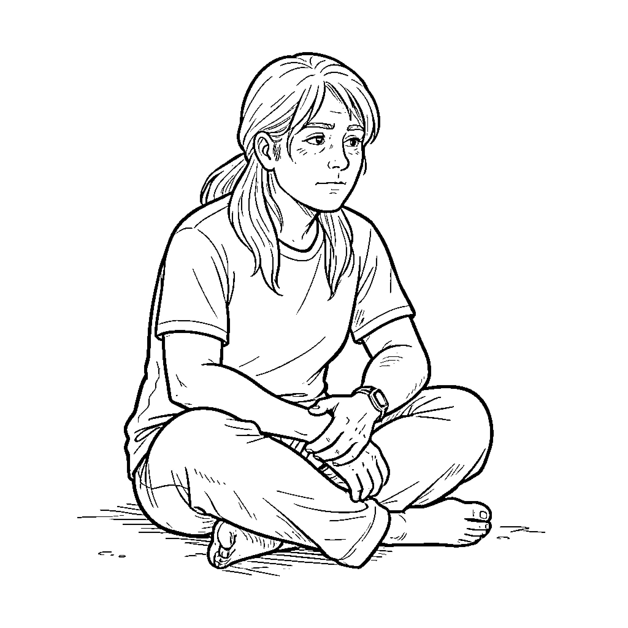 Waiting with a contemplative expression while sitting cross-legged Coloring Page (free black-and-white line drawing printable PDF for all, from beginners to advanced learners, including children, teens, adults, and seniors)