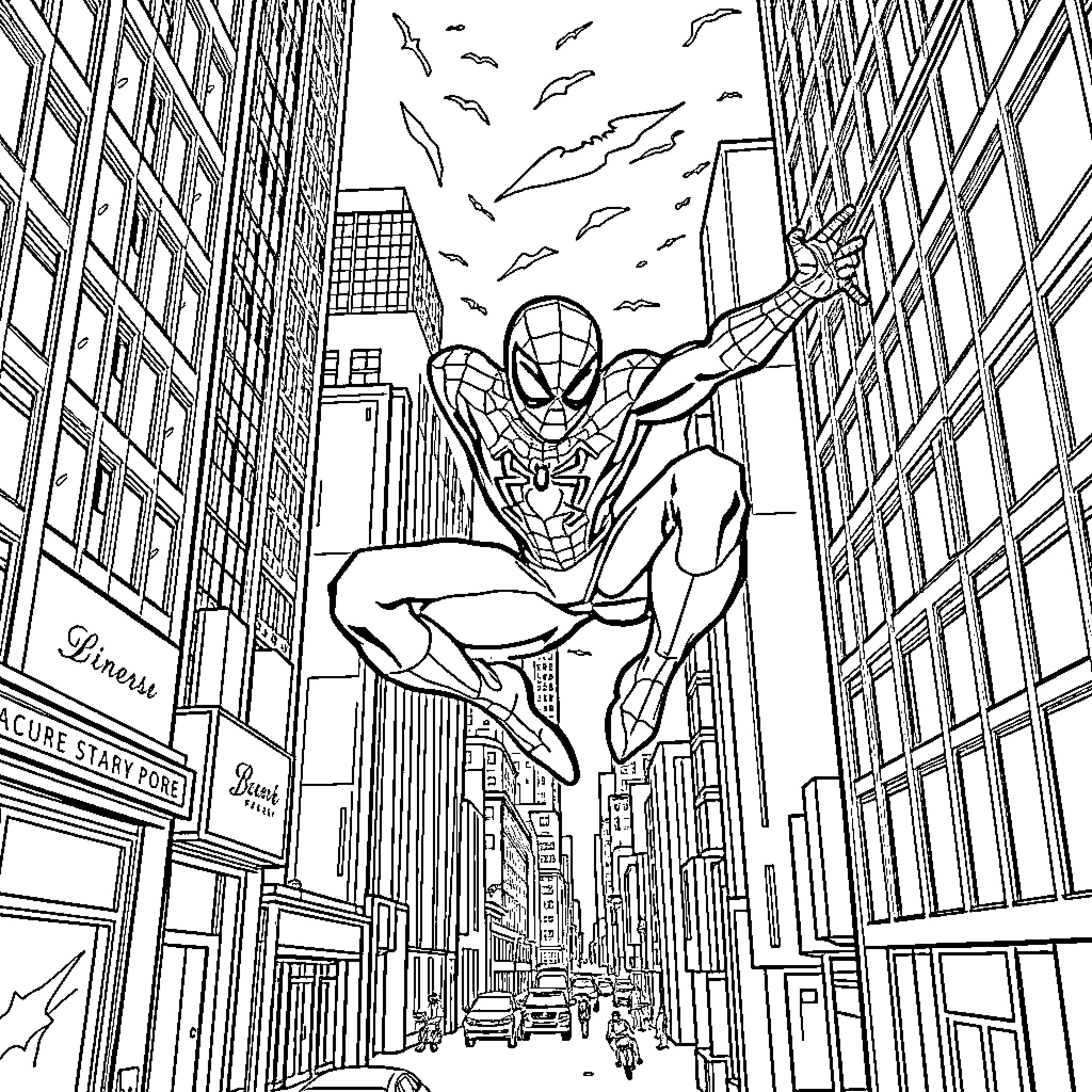 Spiderman swinging through a dense city canyon Coloring Page (free black-and-white line drawing printable PDF for all, from beginners to advanced learners, including children, teens, adults, and seniors)
