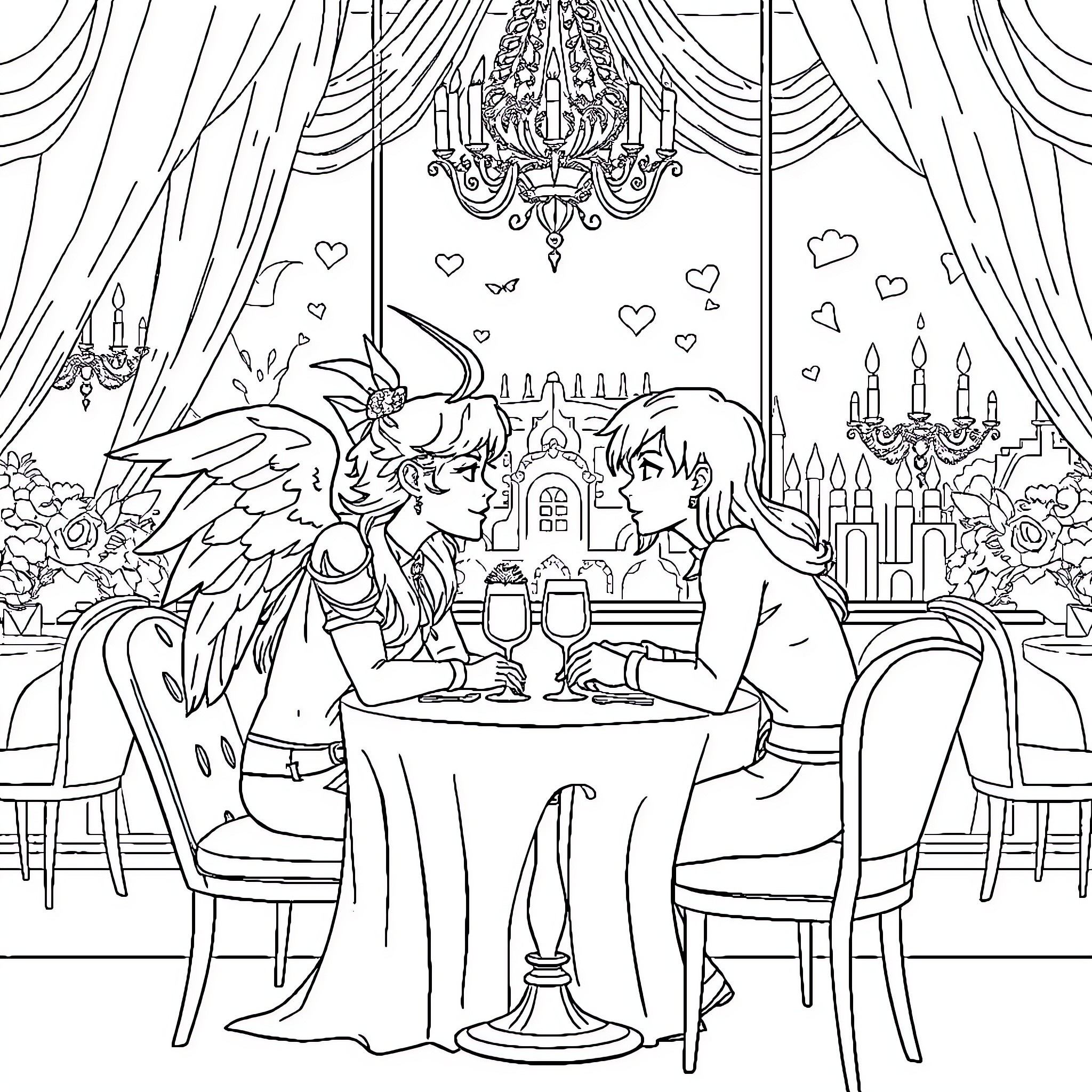 Angel Dust Romantic Dinner in Elegant Ballroom Coloring Page (free black-and-white line drawing printable PDF for all, from beginners to advanced learners, including children, teens, adults, and seniors)