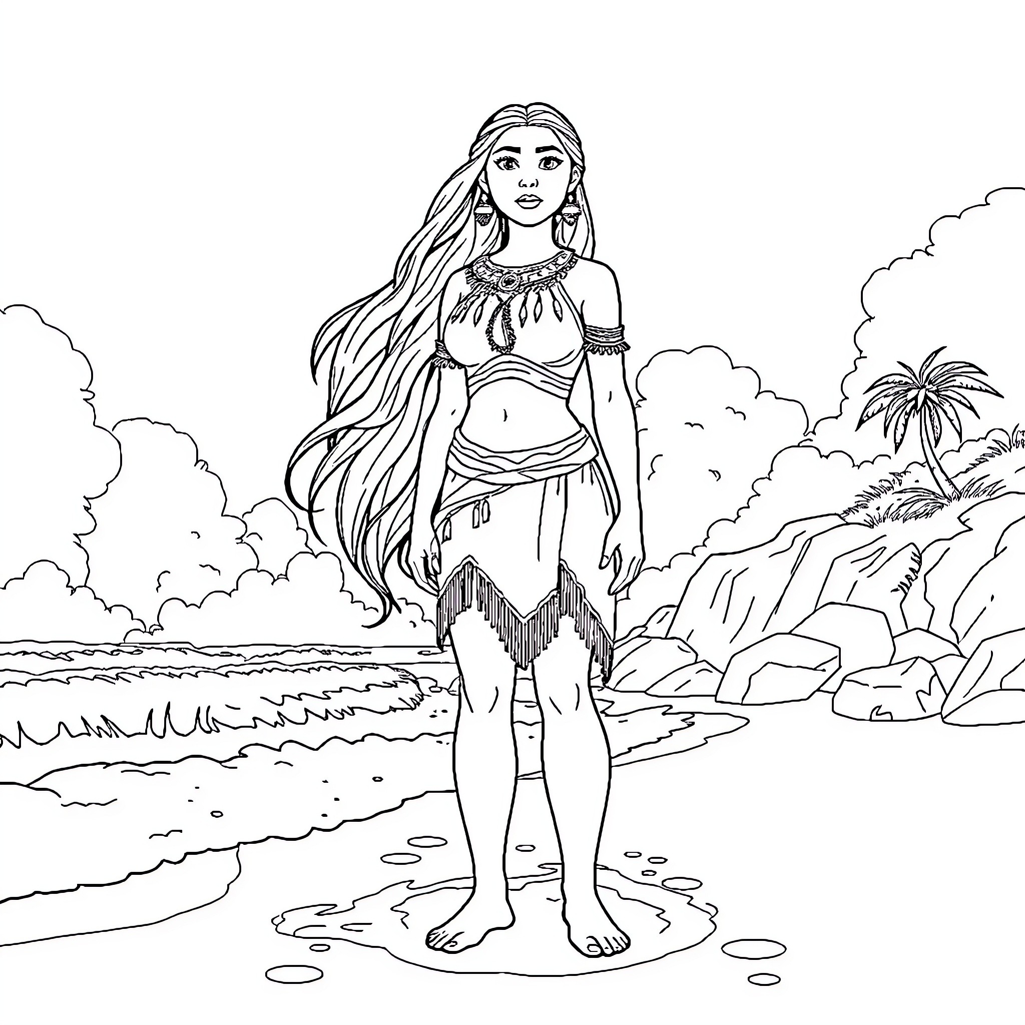 Pocahontas exploring the scenic wilderness Coloring Page (free black-and-white line drawing printable PDF for all, from beginners to advanced learners, including children, teens, adults, and seniors)