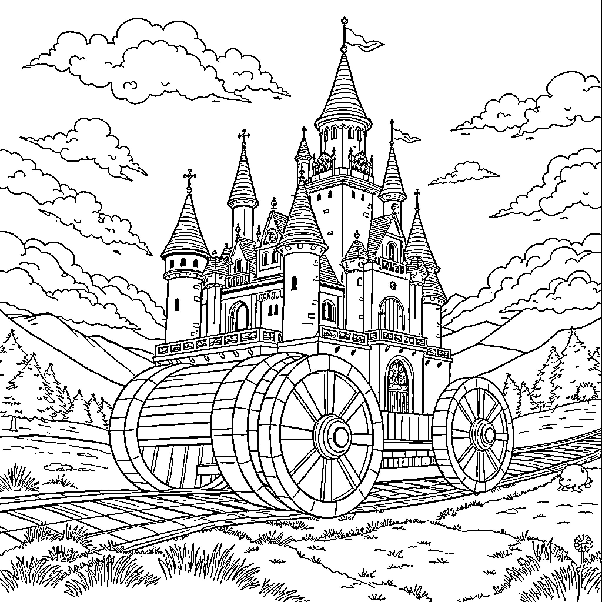 Castle with Ornate Towers and Wheels in Scenic Landscape Coloring Page (free black-and-white line drawing printable PDF for all, from beginners to advanced learners, including children, teens, adults, and seniors)
