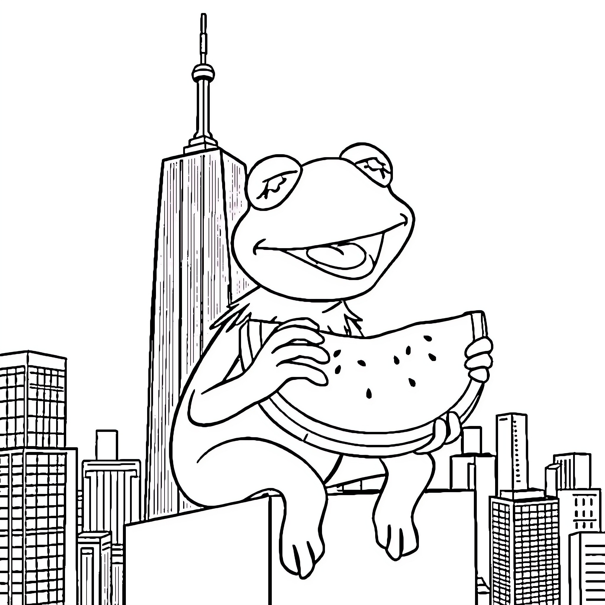 Kermit the Frog relaxing in the city Coloring Page (free black-and-white line drawing printable PDF for all, from beginners to advanced learners, including children, teens, adults, and seniors)