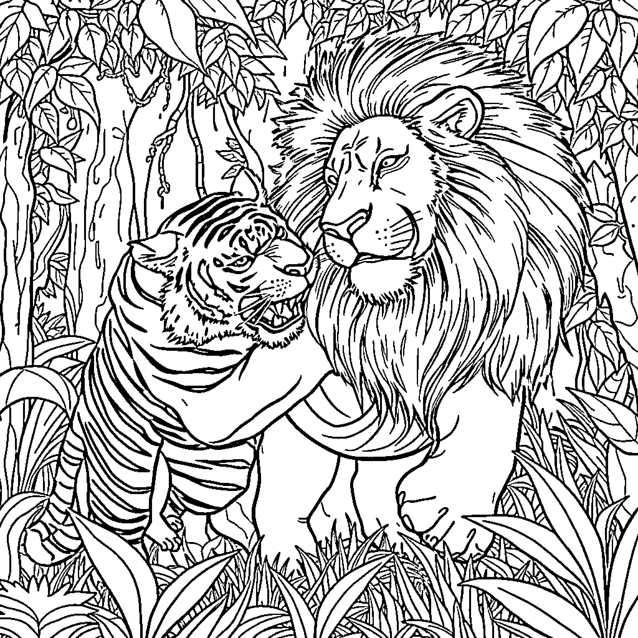 Tiger Roaring Fiercely Amid Dense Foliage Coloring Page (free black-and-white line drawing printable PDF for all, from beginners to advanced learners, including children, teens, adults, and seniors)