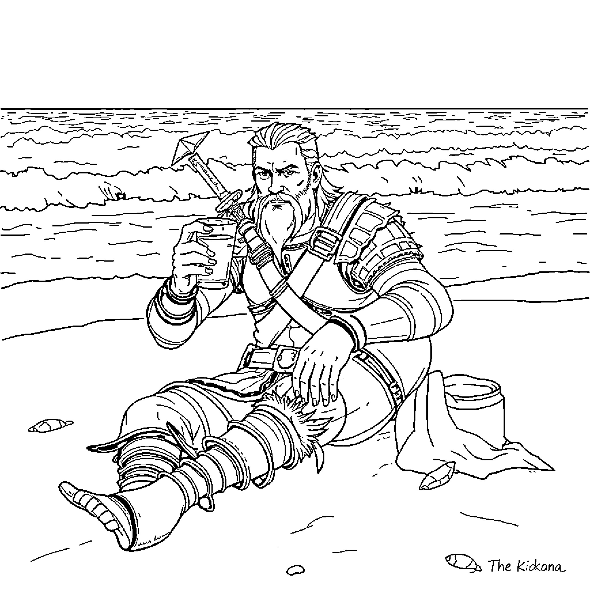 Geralt resting by the sea with his sword Coloring Page (free black-and-white line drawing printable PDF for all, from beginners to advanced learners, including children, teens, adults, and seniors)