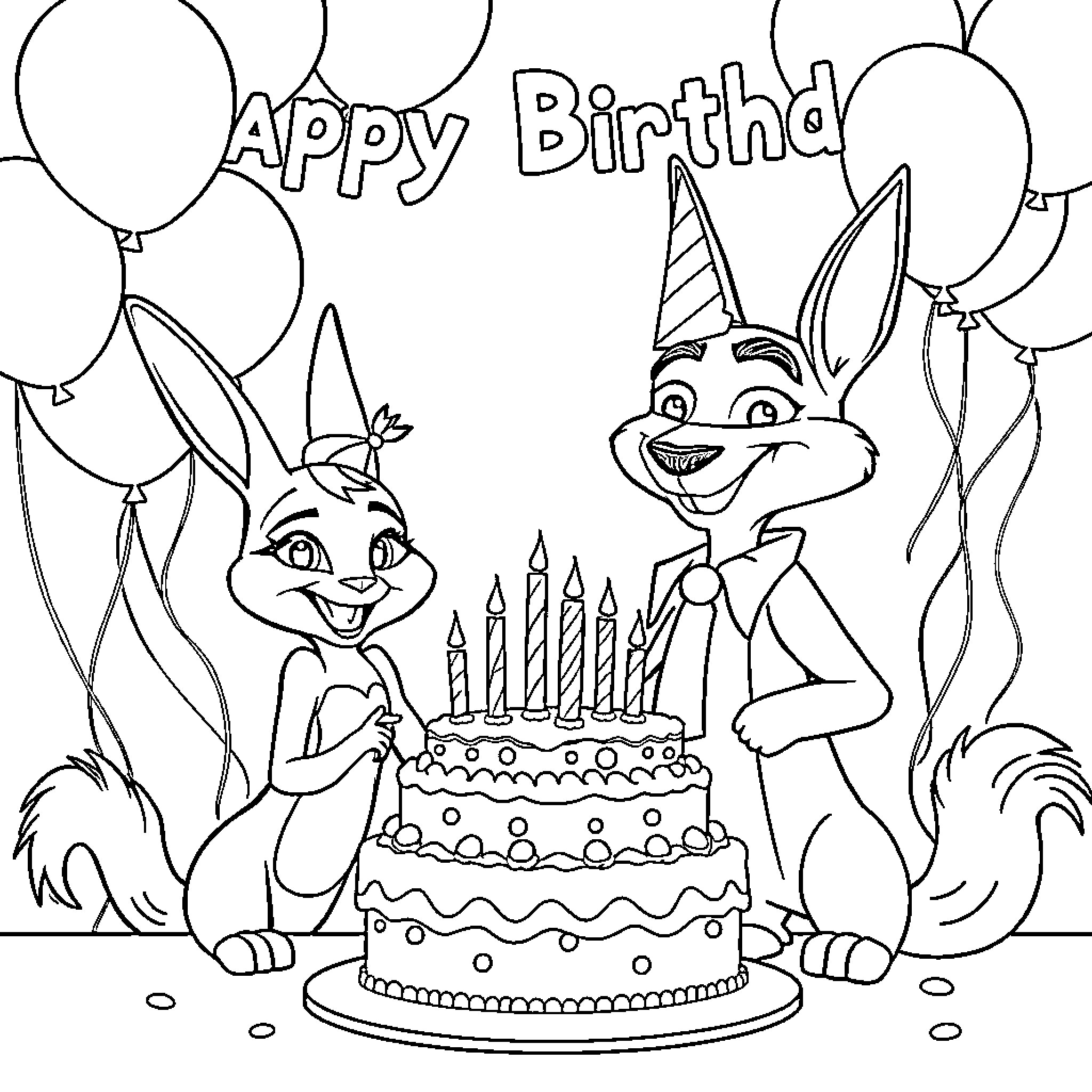 Zootopia birthday celebration with rabbits and cake Coloring Page (free black-and-white line drawing printable PDF for all, from beginners to advanced learners, including children, teens, adults, and seniors)