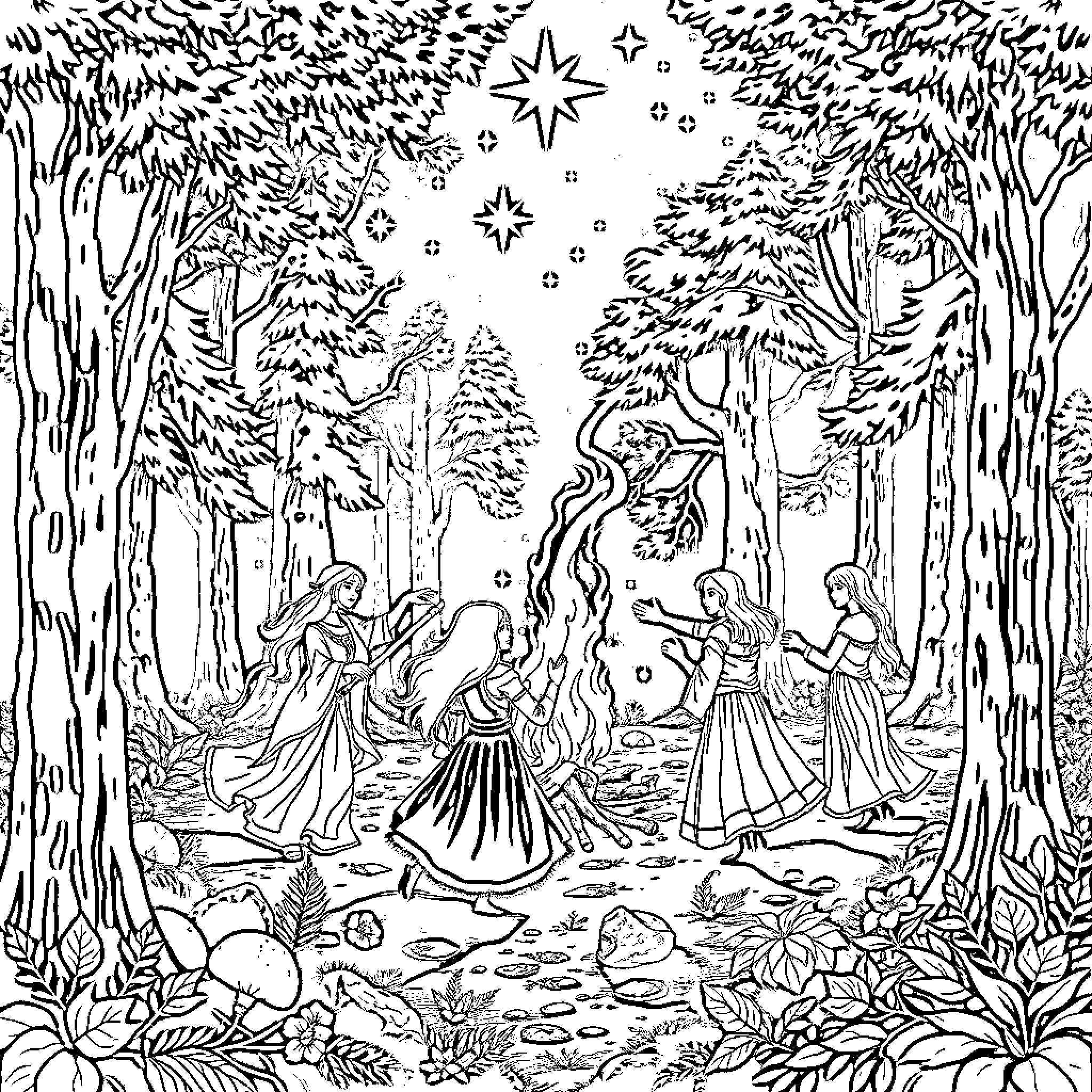 Fantasy People Celebrating with Vibrant Costumes and Dancing Coloring Page (free black-and-white line drawing printable PDF for all, from beginners to advanced learners, including children, teens, adults, and seniors)