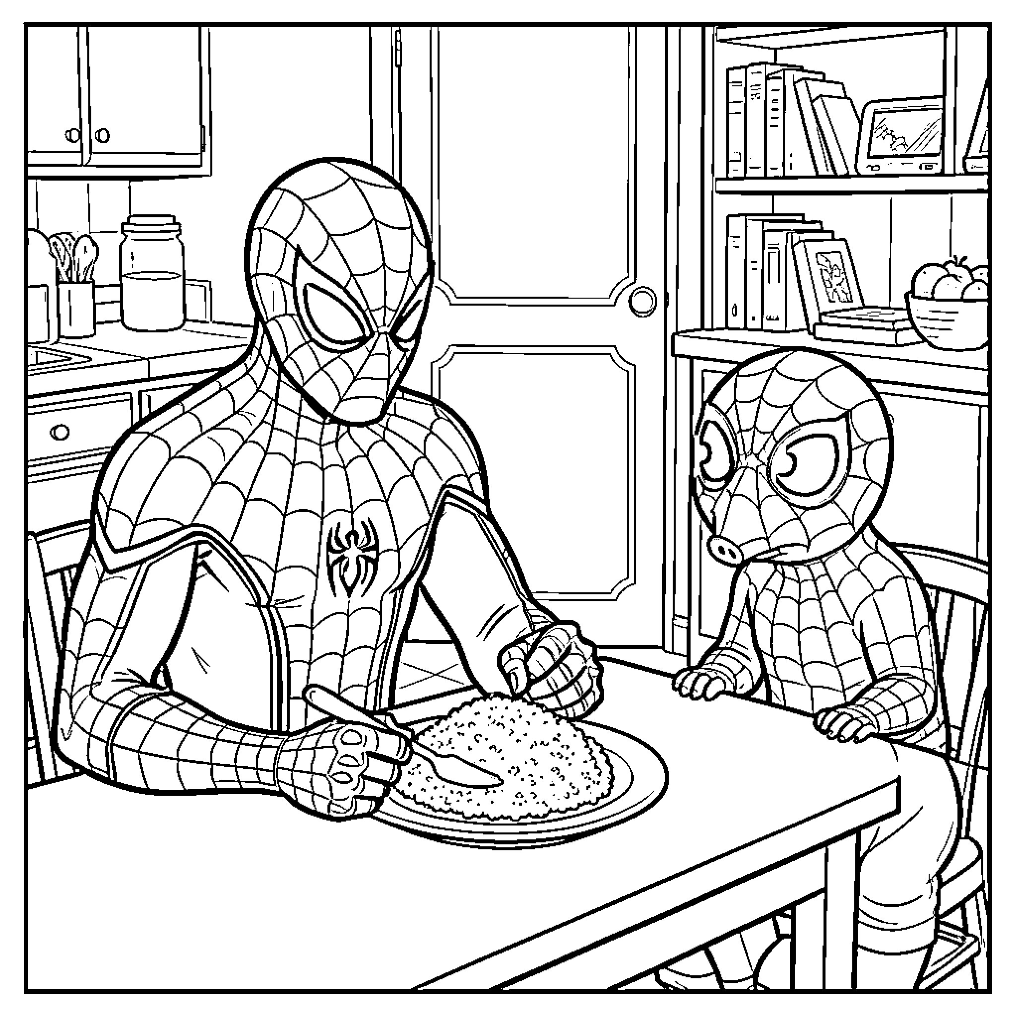 Spiderman eating a meal at a dining table Coloring Page (free black-and-white line drawing printable PDF for all, from beginners to advanced learners, including children, teens, adults, and seniors)