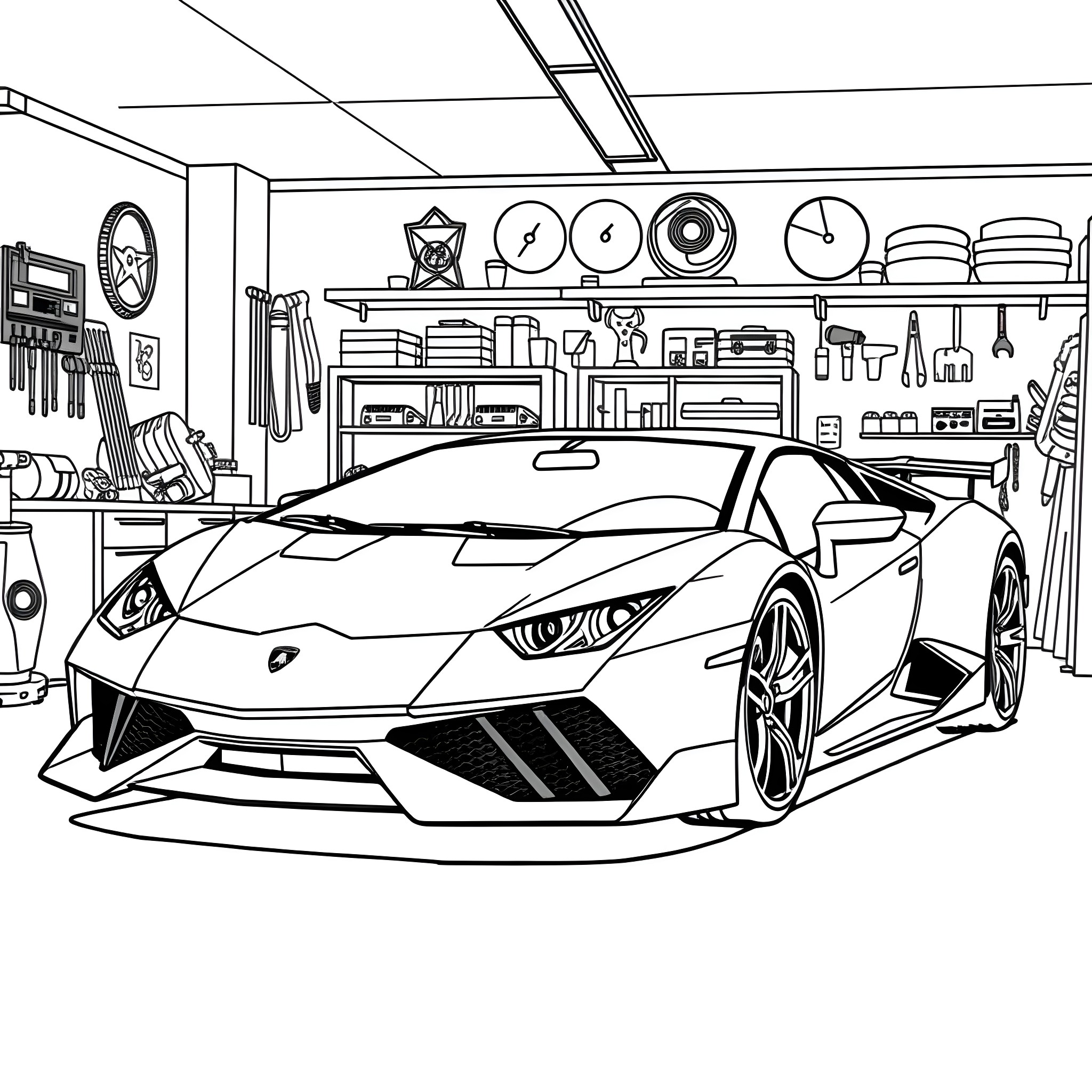 Lamborghini Supercar in Garage Workshop Coloring Page (free black-and-white line drawing printable PDF for all, from beginners to advanced learners, including children, teens, adults, and seniors)
