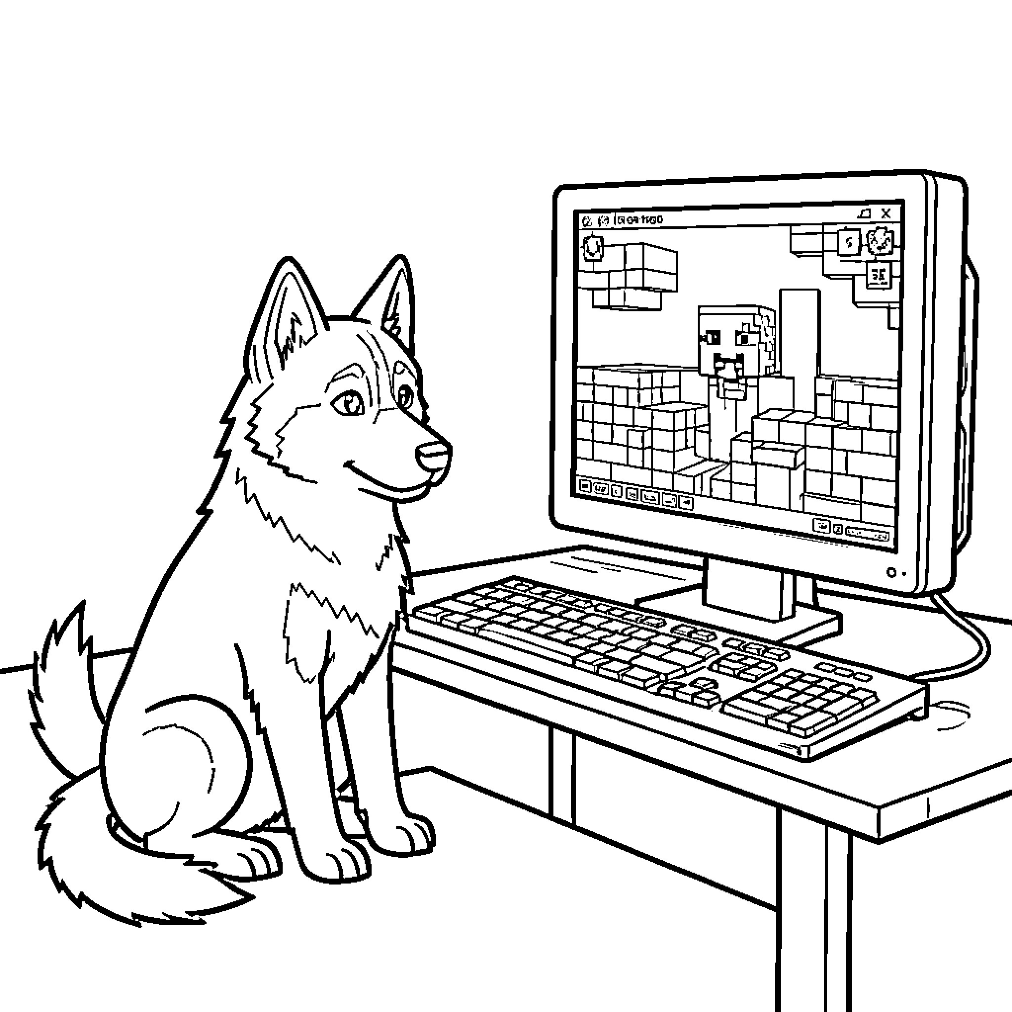 Husk sitting at a desk using a computer Coloring Page (free black-and-white line drawing printable PDF for all, from beginners to advanced learners, including children, teens, adults, and seniors)