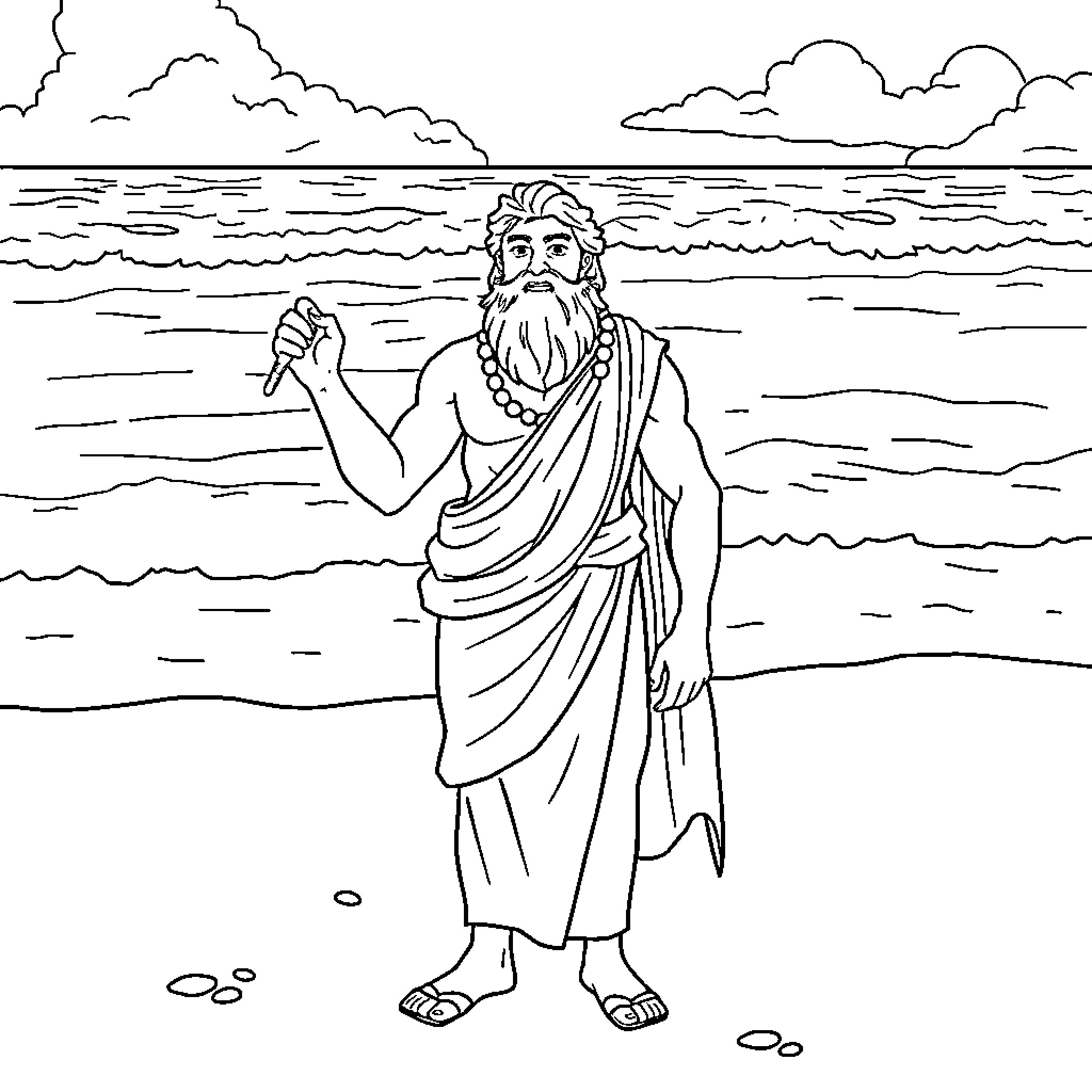 Odysseus reflecting by the sea shore Coloring Page (free black-and-white line drawing printable PDF for all, from beginners to advanced learners, including children, teens, adults, and seniors)