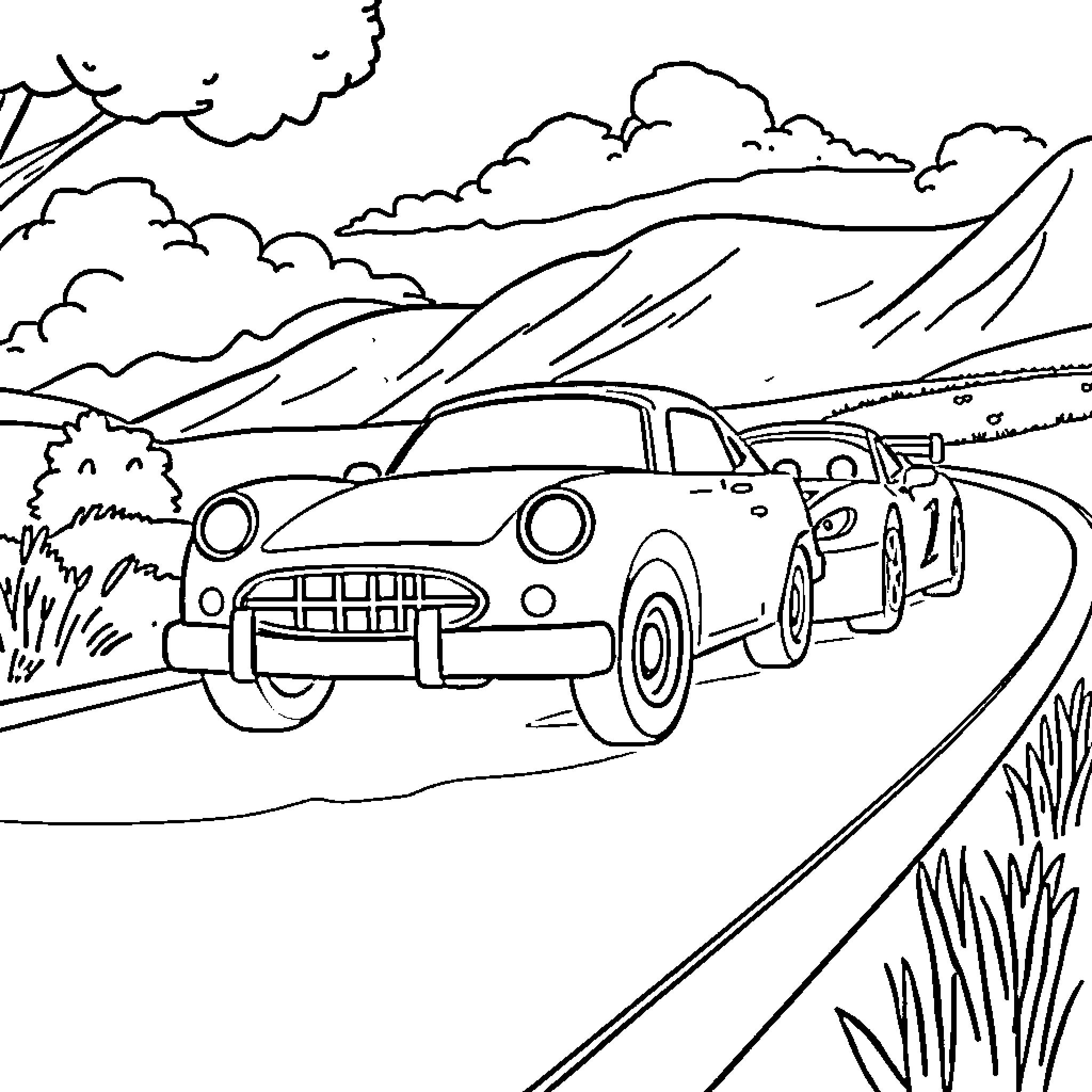 Car speeding through a mountainous landscape Coloring Page (free black-and-white line drawing printable PDF for all, from beginners to advanced learners, including children, teens, adults, and seniors)