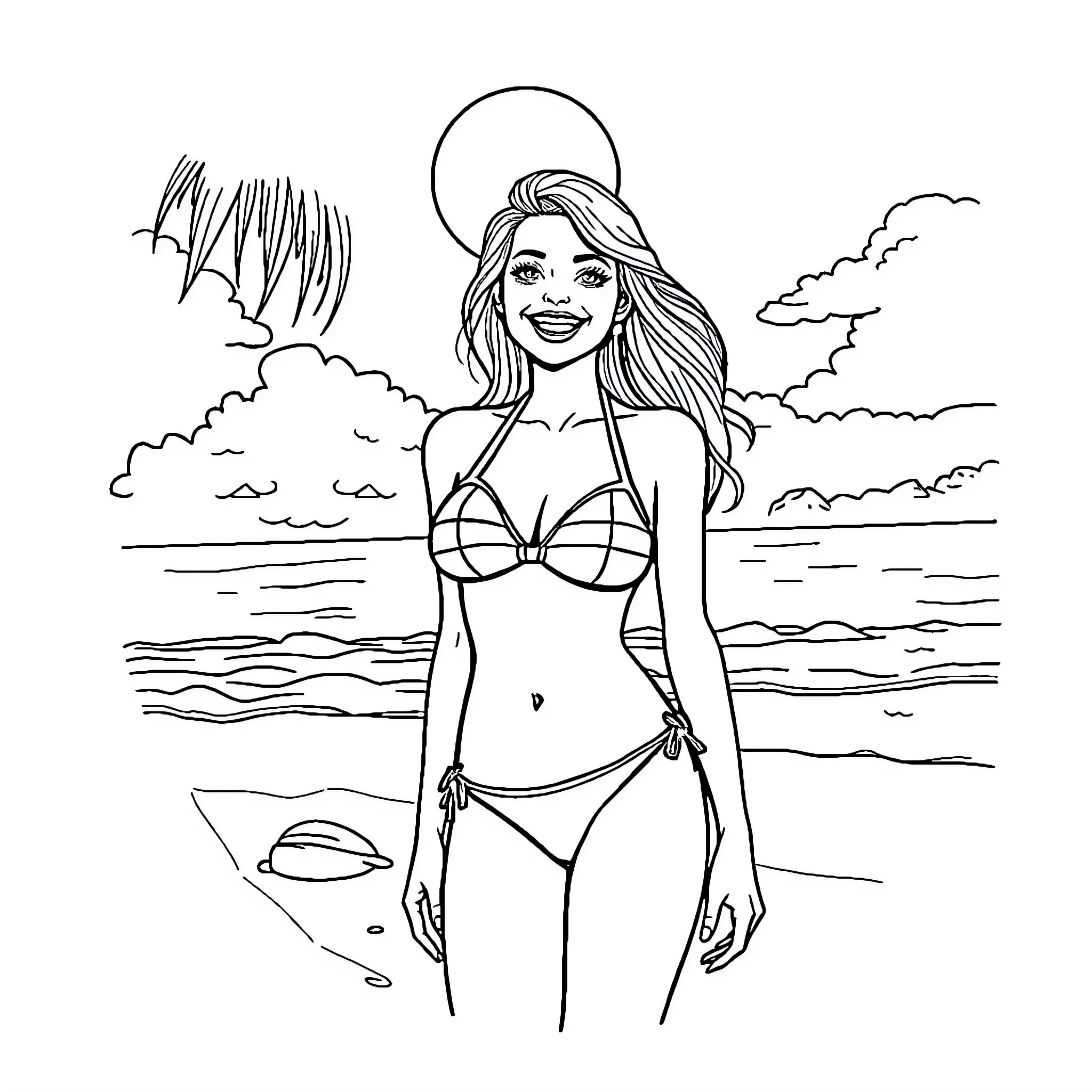 Bikini Girl Enjoying Sunny Beach Scenery Coloring Page (free black-and-white line drawing printable PDF for all, from beginners to advanced learners, including children, teens, adults, and seniors)